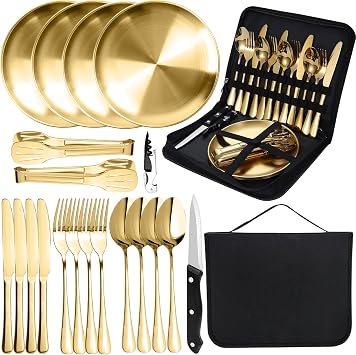 HOMAVEL Gold Camping Cutlery Set for 4, Stainless Steel Plates and Utensils