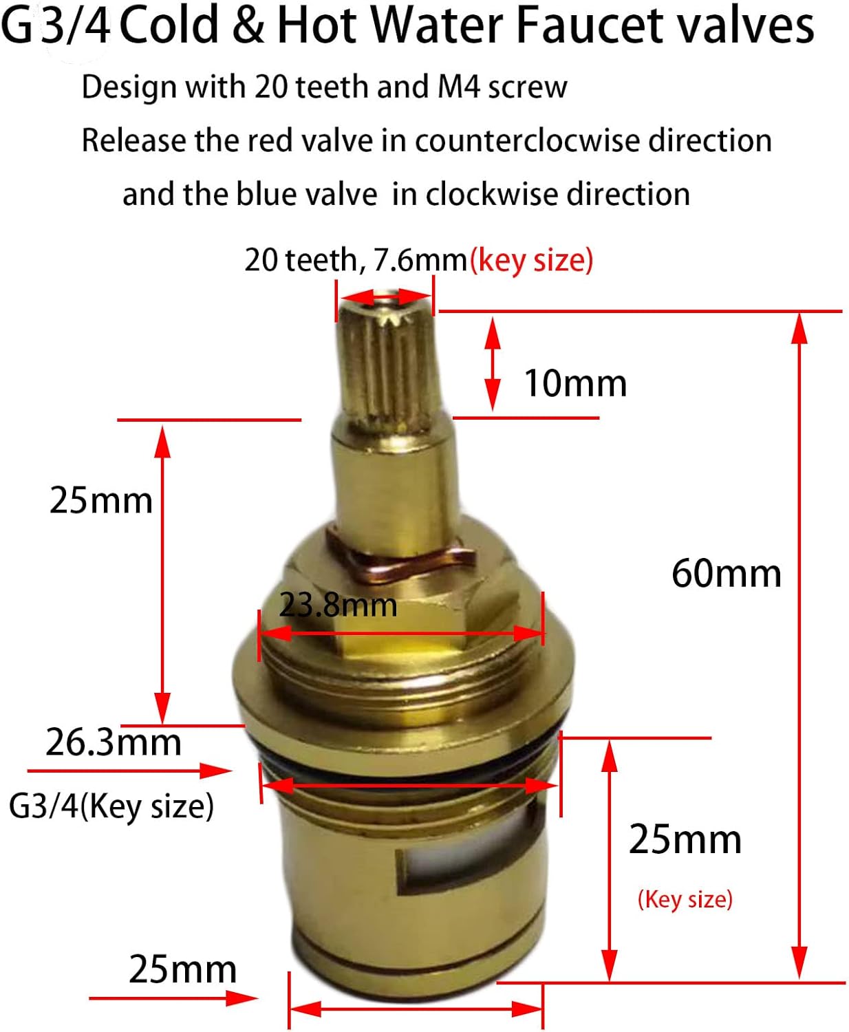 Ceramic Stem Brass Ceramic Stem Disc Cartridge G3/4"Faucet Valve Replacement for Bathroom Kitchen Tap (2 Packs, Cold & Hot) (Height 60MM)
