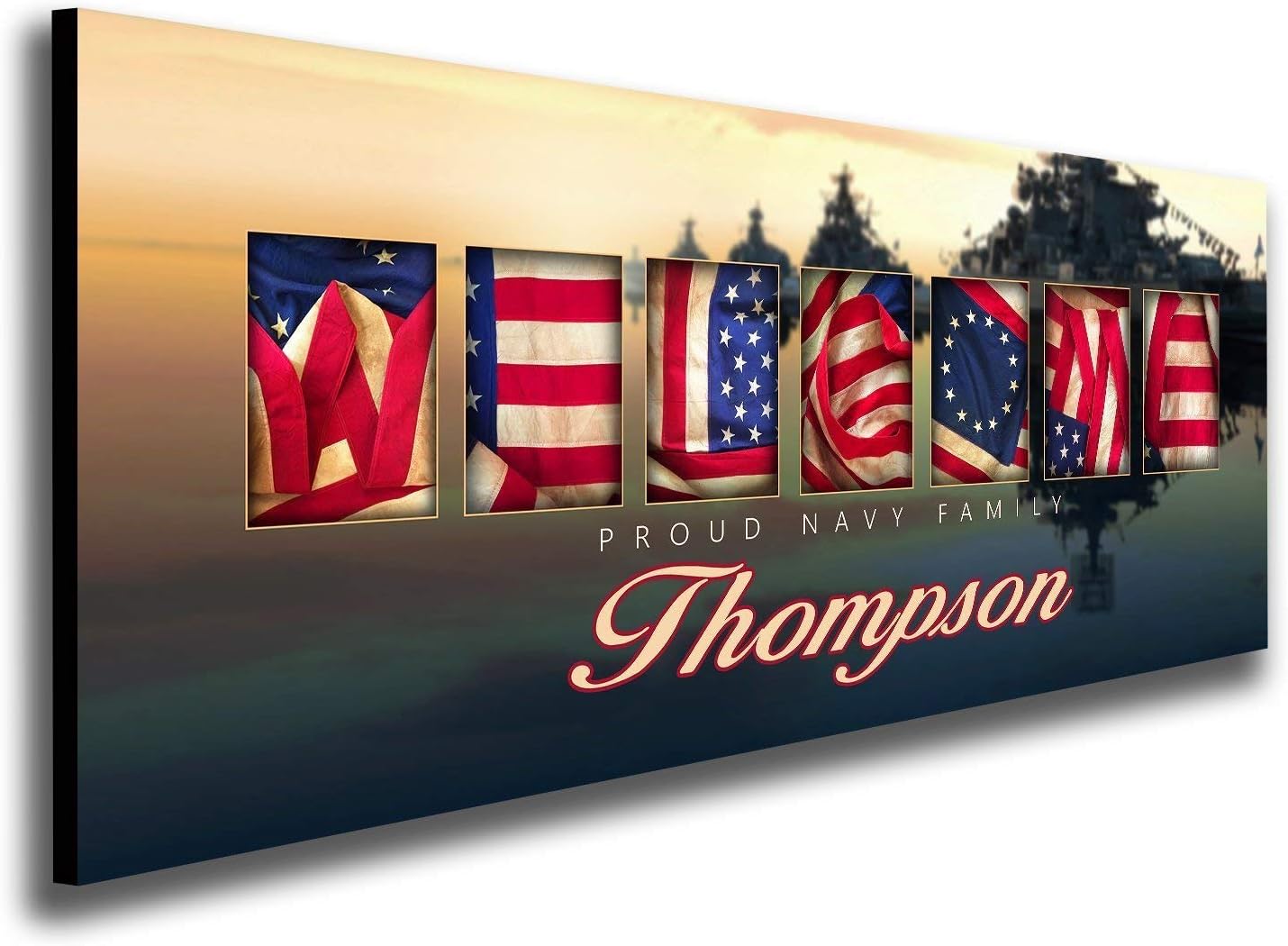 Personalized US Armed Forces WELCOME Family Art (9.5"x26" Block Mount, Navy)
