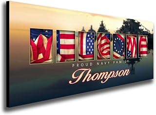 Personalized US Armed Forces WELCOME Family Art (6.5"x18" Block Mount, Navy)
