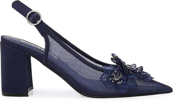 Lady Couture Womens Flower Mesh Slingback Pump Ballroom Floral Applique with Crystal Embellishments, Pointed Toe Block Heel Dress Shoe