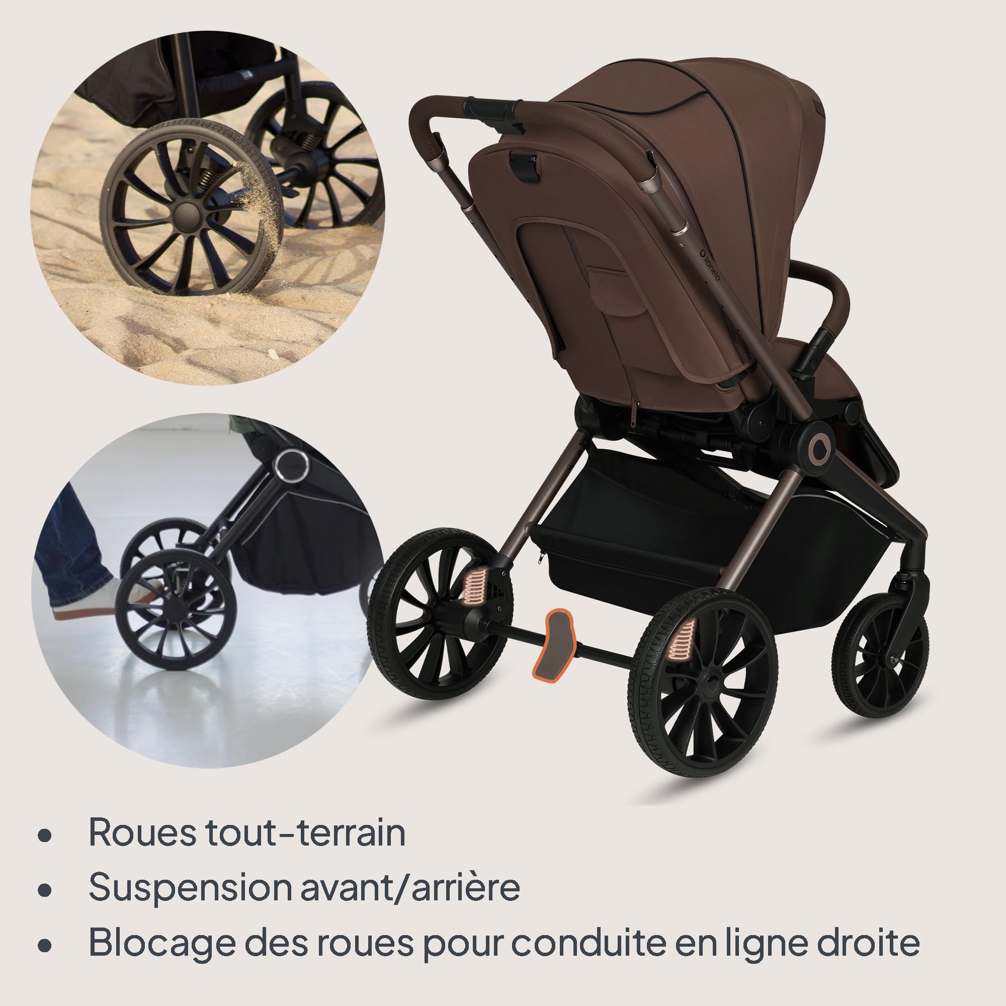LIONELO Mika Plus Poussette & Buggy, De 6 Mois jusqu'à 22 kg, Roues Tout Terrain avec Suspension Pare-Soleil XXL UPF50+, Dossier et Repose-Pieds Réglables, Hydrofuge, Léger Pliable, Marron