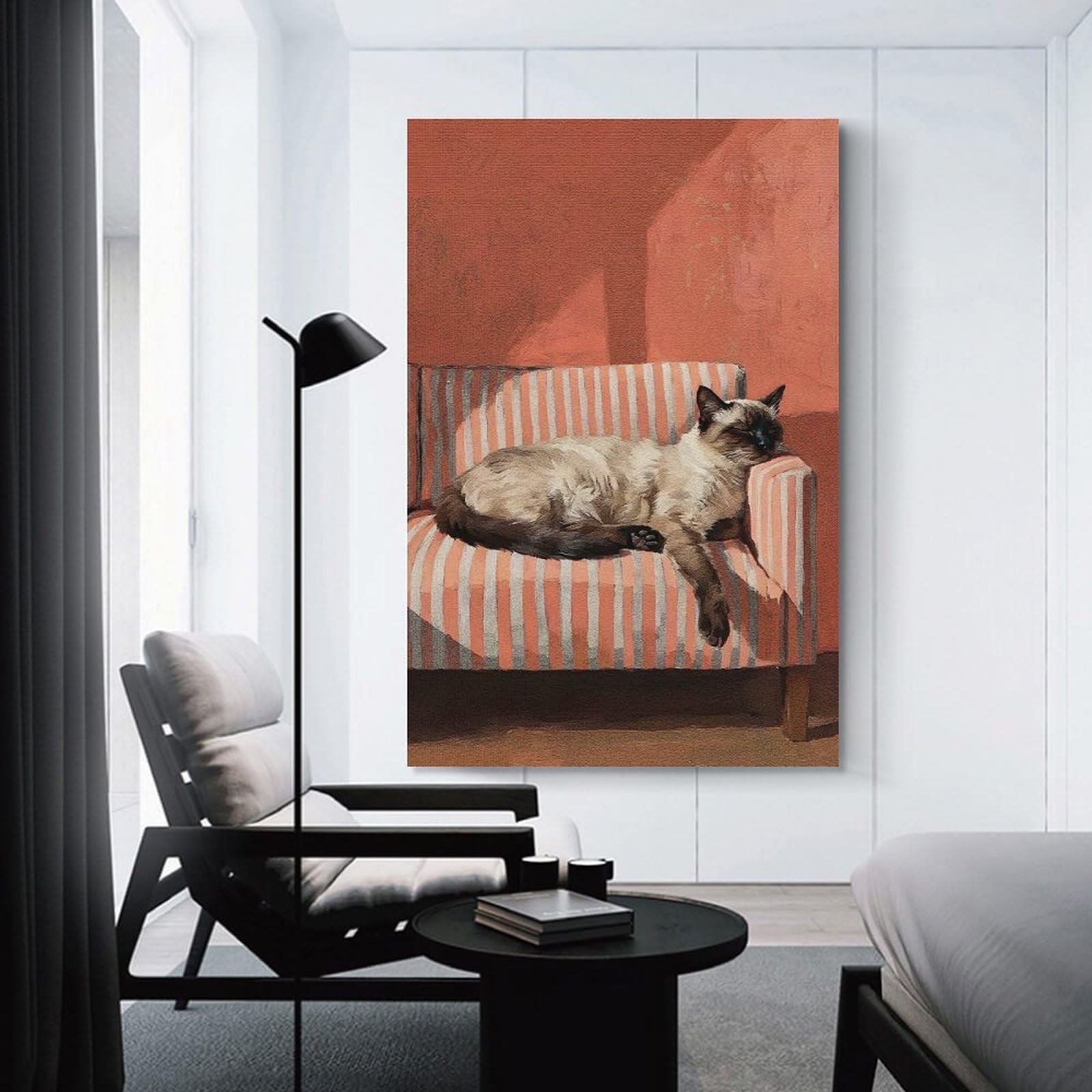 Junmoney Sleeping Siamese Cat on Striped Couch Home Decor Wall Art 12x18inch(30x45cm), for Gallery Wall Layouts in Home Or Office, A Versatile Canvas Print for Layering