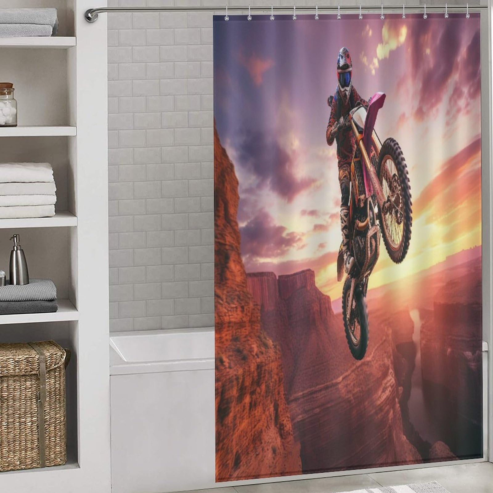 Rideau de douche motocross en tissu polyester de qualité supérieure lavable 140x183cm avec anneaux