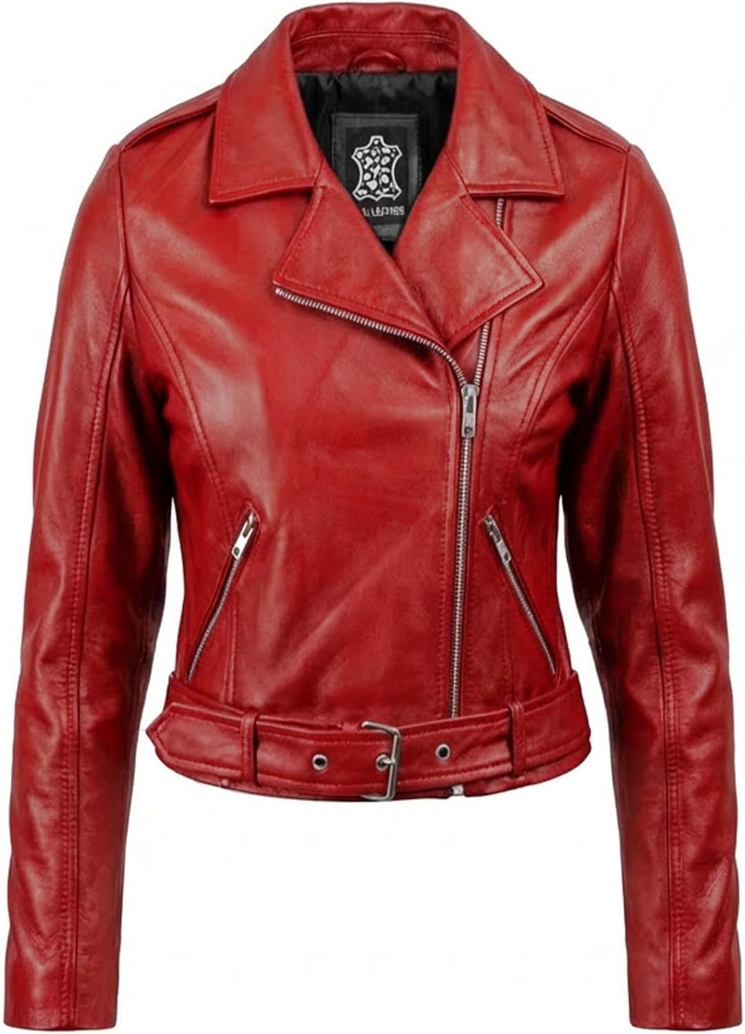 Women's Cropped Leather Jacket - Asymmetric Zip Up Biker Style Short Moto Jackets with Belt