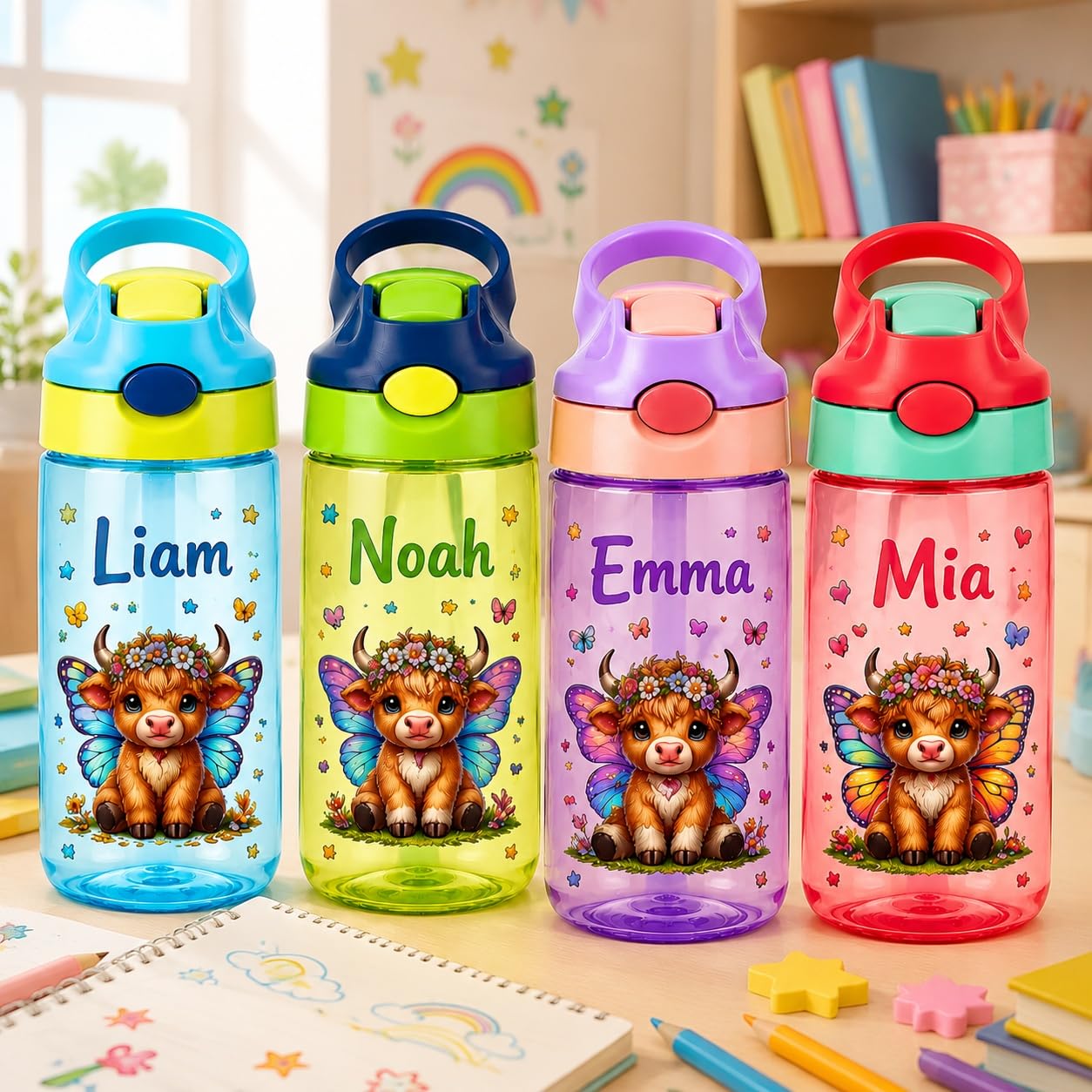 VEELU Personalised Kids Water Bottle with Birth Flower Highland Cow — image 1