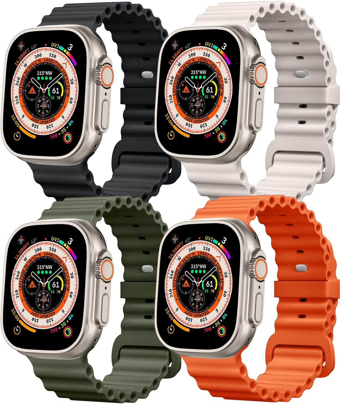 4 Pack Ocean Bands Compatible with Apple Watch Ultra Band 49mm 45mm 44mm 42mm Men Women, Soft Silicone Straps Sport Rugged Smartwatch Replacement for IWatch Ultra Ultra 2 Series 9 8 7 6 5 4 3 2 SE