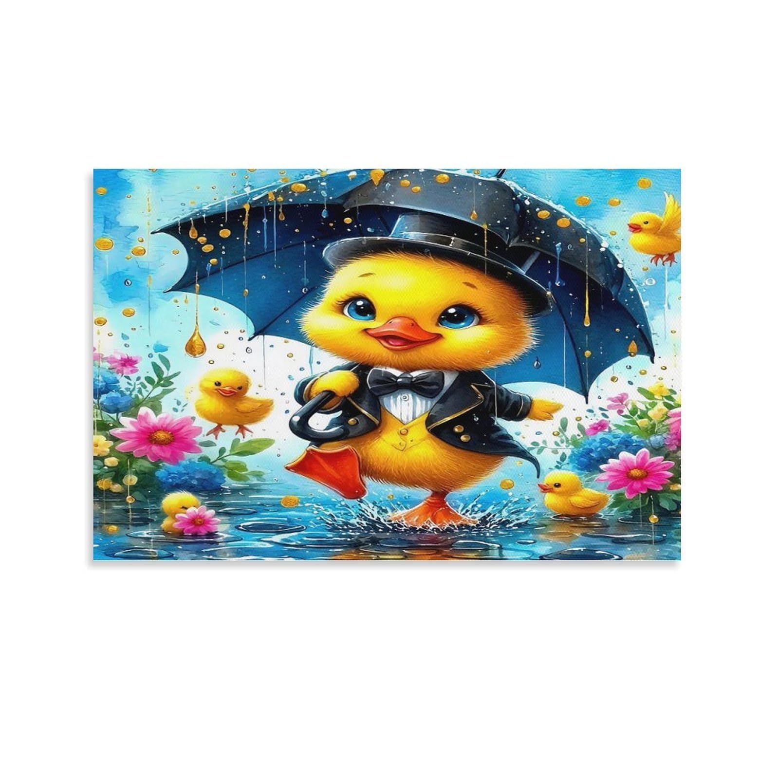 CPLVKWRQJ Cute Duckling Individual Duckling Suit Top Hat Umbrella Flowers Canvas Print - Office Wall Art Fade Resistant Statement Piece Ready to Hang 20x30inch(50x75cm)