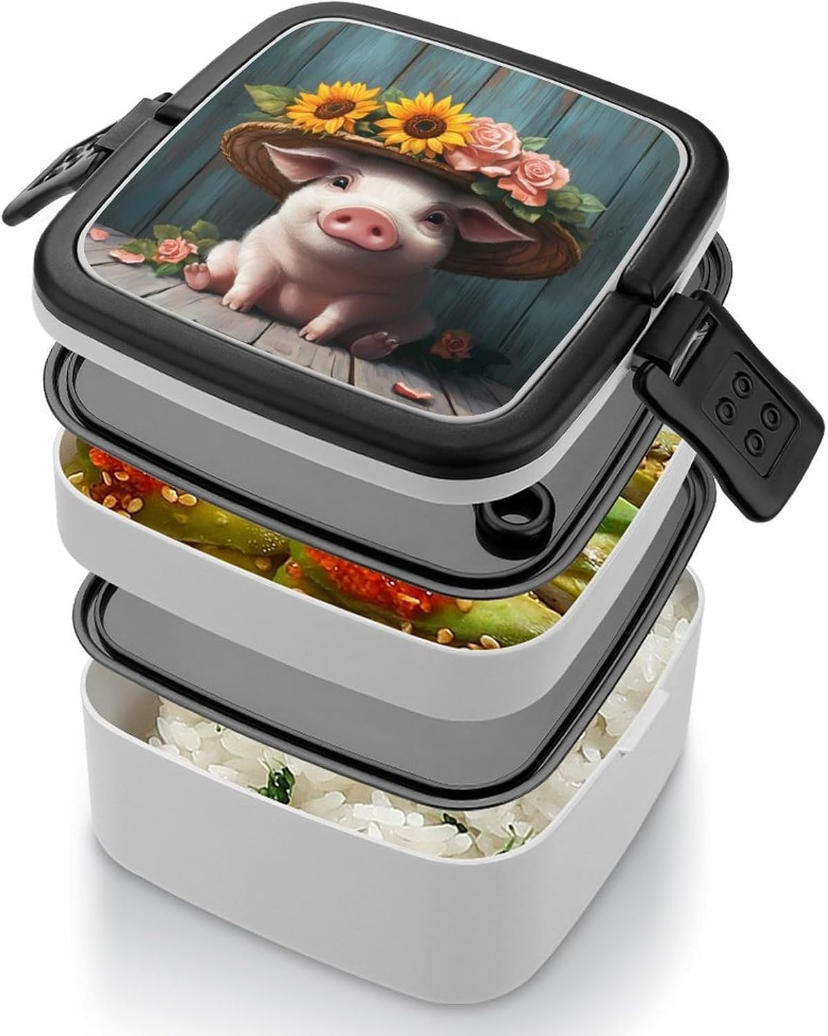 Funny Pigs Bento Box with Spoon 2 Layer Food Container Cute Lunch Box for Travel Dining Work