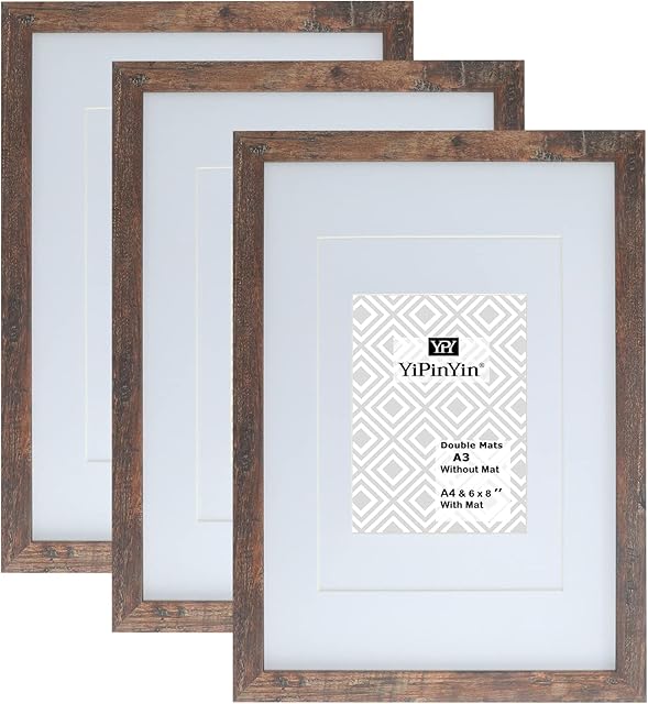 A3 Wood Brown Effect Photo Frame set of 3 with double mounts for A4 or 6x8" photo, Rustic A4 Picture frames 3 Pack With Mount for A5, Farmhouse picture frame for Wall Display