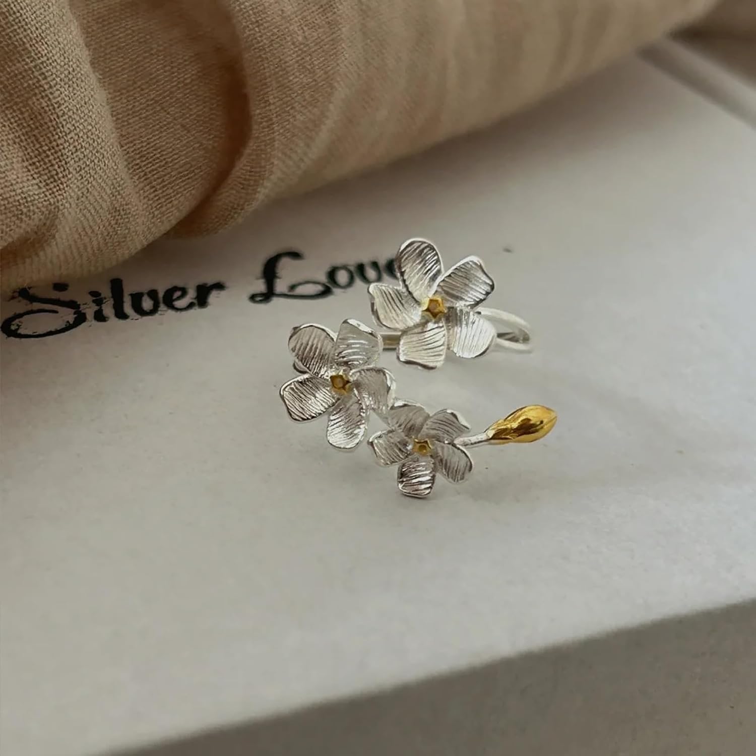 LOVECOM 925 Sterling Silver Flower Rings for Women Dainty 14k Gold Plated Adjustable Open Three Floral Statement Ring Non Tarnish Trendy Promise Ring Jewelry Birthday Gifts for Mom Daughter