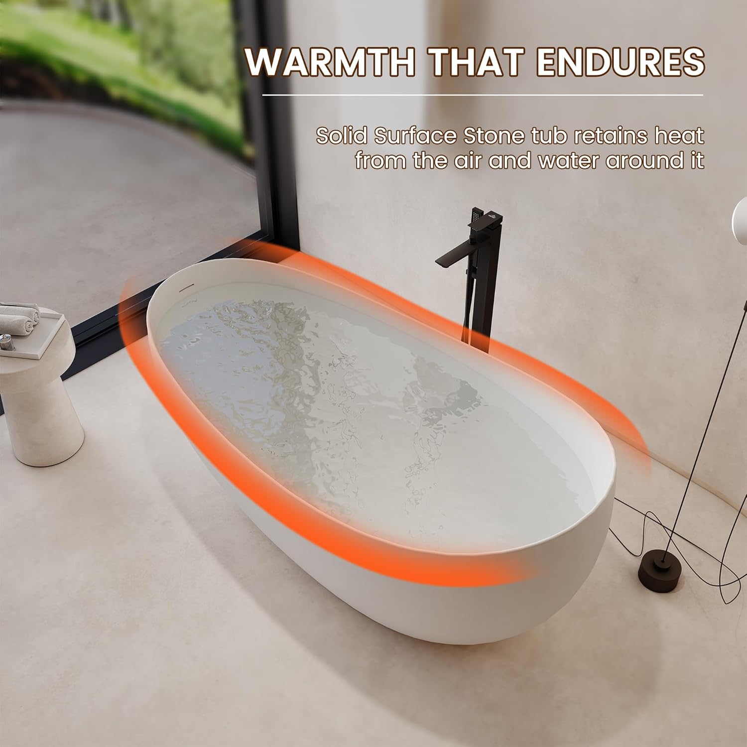63 Inch Stone Resin Soaking Tub Matte White Solid Surface Free Standing Tub with 27.5 Inch High Backrest for Comfortable Support