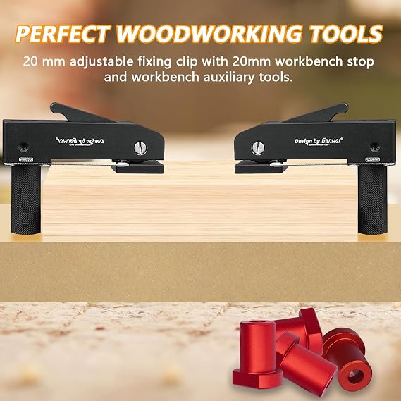 Set of 2 Hold-Down Holders 20 mm with 4 Aluminium Alloy Place Cards, Adjustable Bench Hooks, Desktop Clamping Clamps for Clamping Wood, Tables, Stools