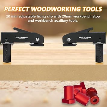 Set of 2 Hold-Down Holders 20 mm with 4 Aluminium Alloy Place Cards, Adjustable Bench Hooks, Desktop Clamping Clamps for Clamping Wood, Tables, Stools