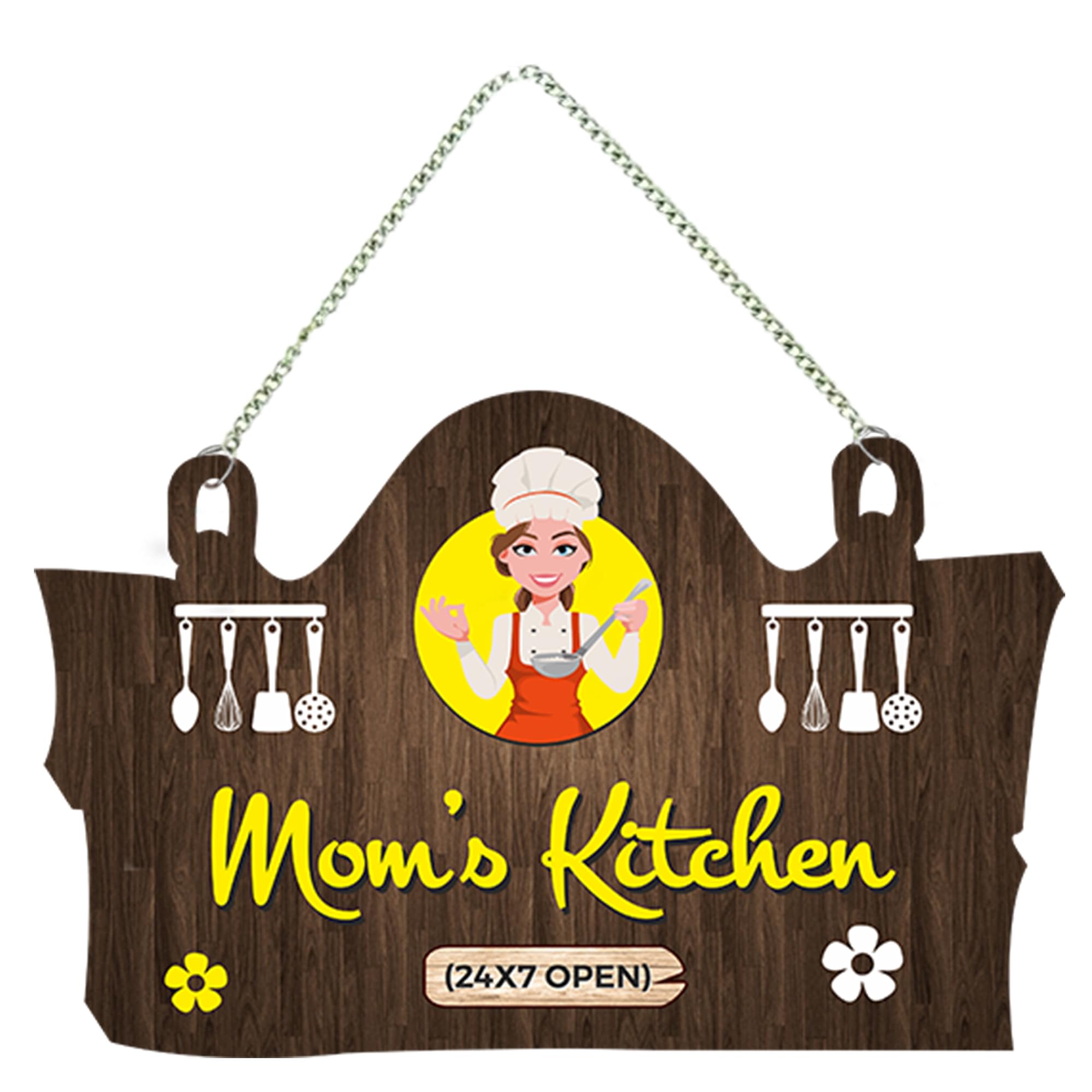 Decor Smart Wooden Wall Hanging Mom’s Kitchen | Rustic Plaque with Cartoon Mom Chef Illustration | Cooking Utensil Design | Decorative Sign Board for Home Kitchen Restaurant Hotel Decor (DWA_3716)-image-36