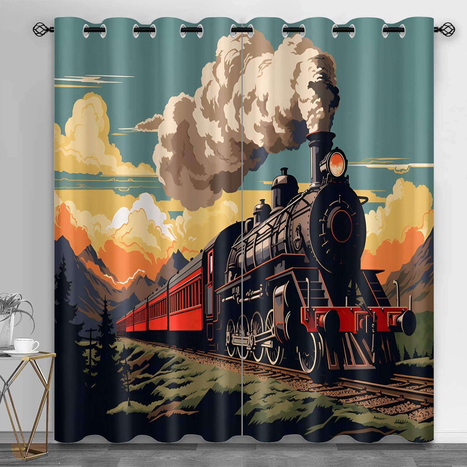 Vintage Train Black Out Curtains 63 inch Long 2 Panels, Steam Engine Locomotive Curtains for Bedroom Living Room Decor, Steam Train Window Treatment Drapes with Grommet