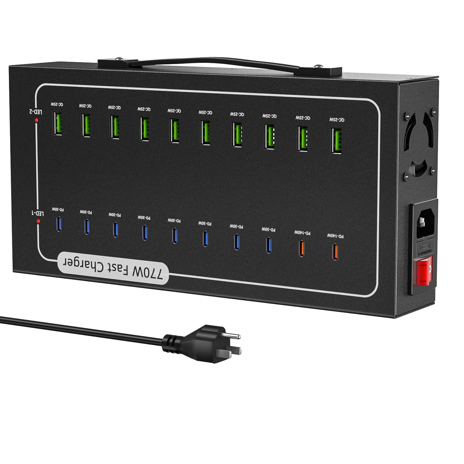 Station de charge USB 770 W avec 20 ports pour plusieurs appareils, 10 USB A + 10 USB C, bloc de chargement, alimentation intelligente et protection multiple compatible avec iPhone/iPad/tablettes