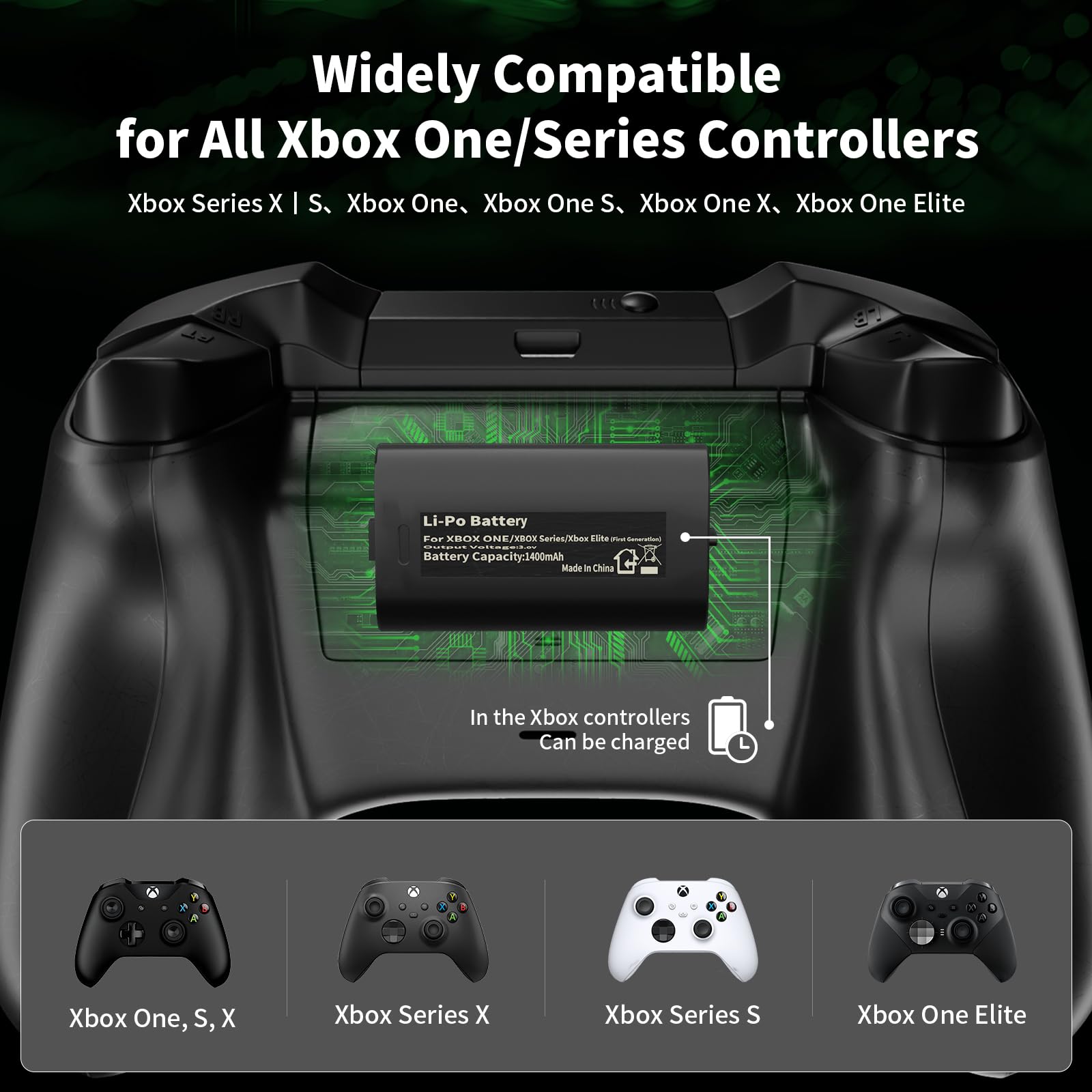 AceGamer 4 confezioni da 1400 mAh (= 4 x 5180 mWh) per Xbox One/Xbox Series X|S Elite Controller, Xbox Series Controller Kit batteria con stazione di ricarica RGB e cavo di tipo C