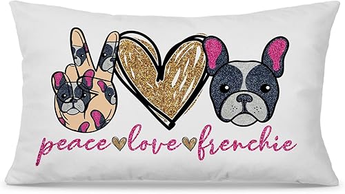 Peace Love - Funda de almohada decorativa de perro de bulldog francés de 12 x 20 pulgadas, decoración de corazón francés para el dormitorio del