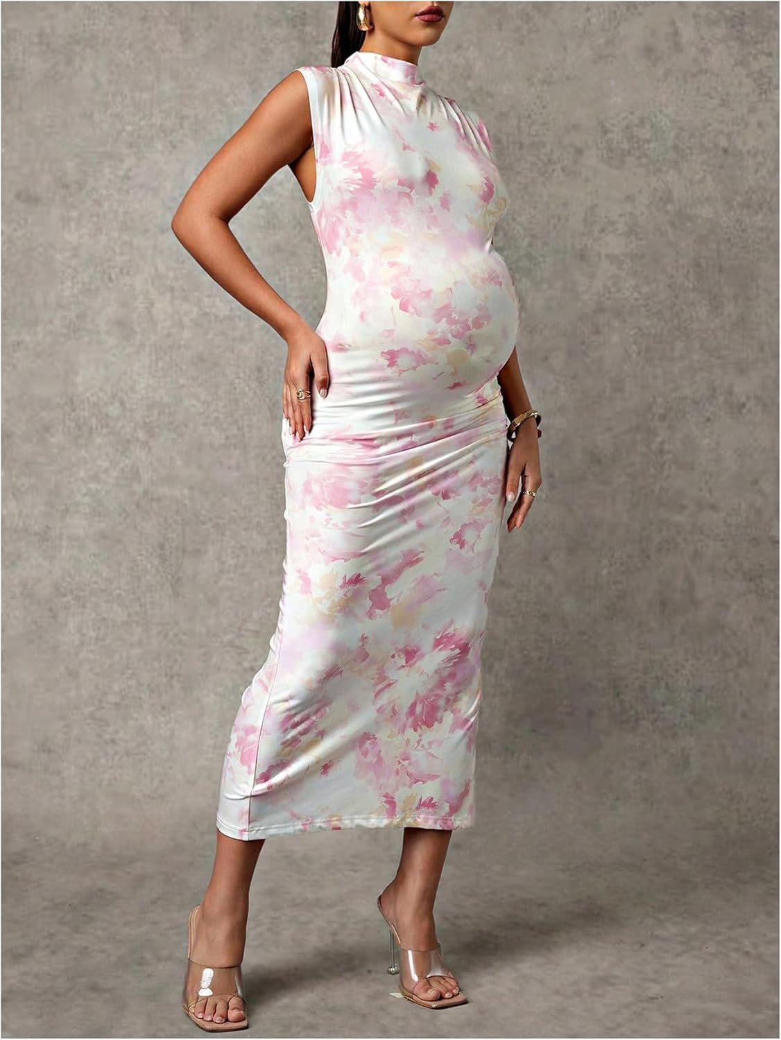 OYOANGLE Women's Maternity Floral Mock Neck Cap Sleeve Ruched Dress Pregnancy Side Split Bodycon Midi Tank Dresses - Image 5