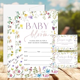 Baby Shower Invitations - Wildflower Baby Shower Invites with Envelopes - Diaper Raffle Tickets & Book Request Cards - Gender Reveal Invitations -A03