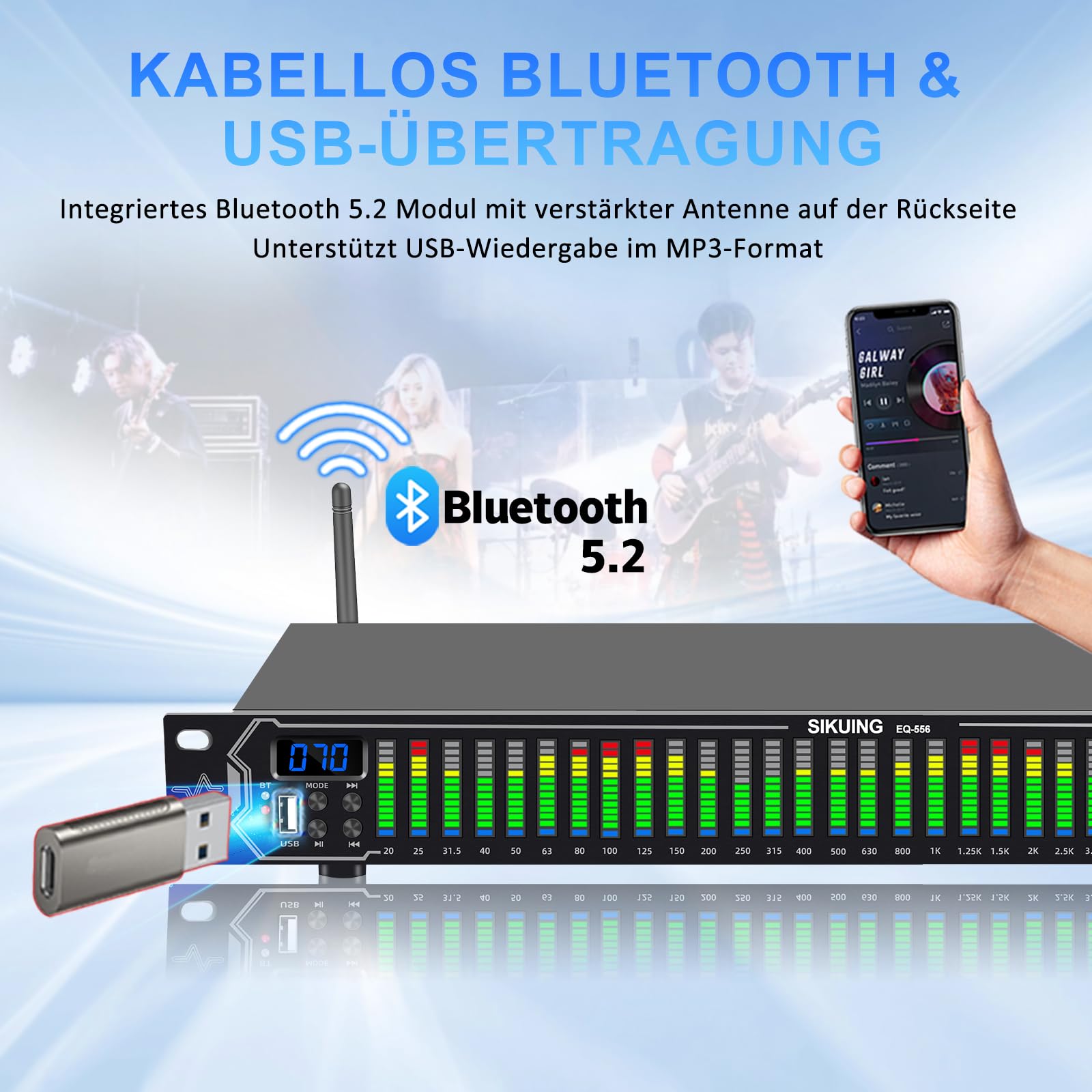 31-Band Digital Equalizer,LED-Musikspektrumanzeige,Stereo Dual-Channel mit 10 voreingestellten Modi,Bluetooth & USB,Noise-Canceling Funktion,Ideal für Zuhause,Partys und Bühnenauftritte EQ556