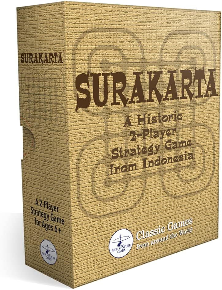 The Surakarta box, printed to look like woven matting, reading A Historic 2-Player Strategy Game from Indonesia, from the Classic Games from around the World series