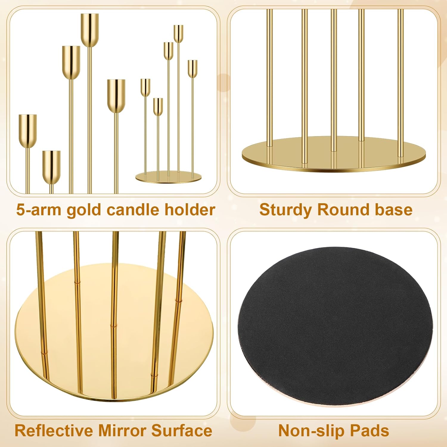 Baquler 2 Set 5 Arms Gold Candelabra Metal Candlestick Holders for Wedding with 10 Pcs Flameless LED Taper Candles for Christmas Ceremony Wedding Birthday Party Table Centerpiece Home Decoration