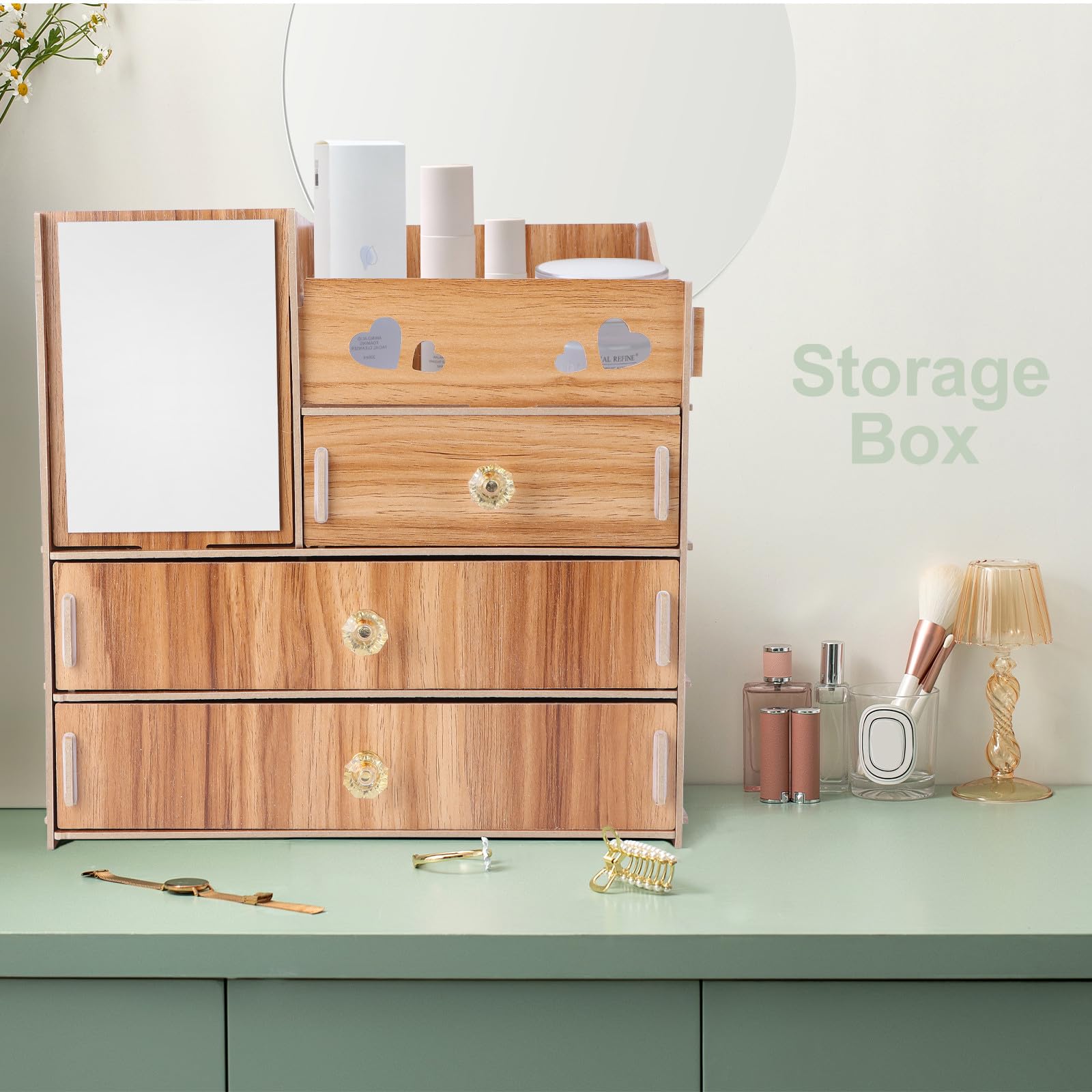Bois Organisateur de Cosmétiques Miroir de Bureau et Tiroirs