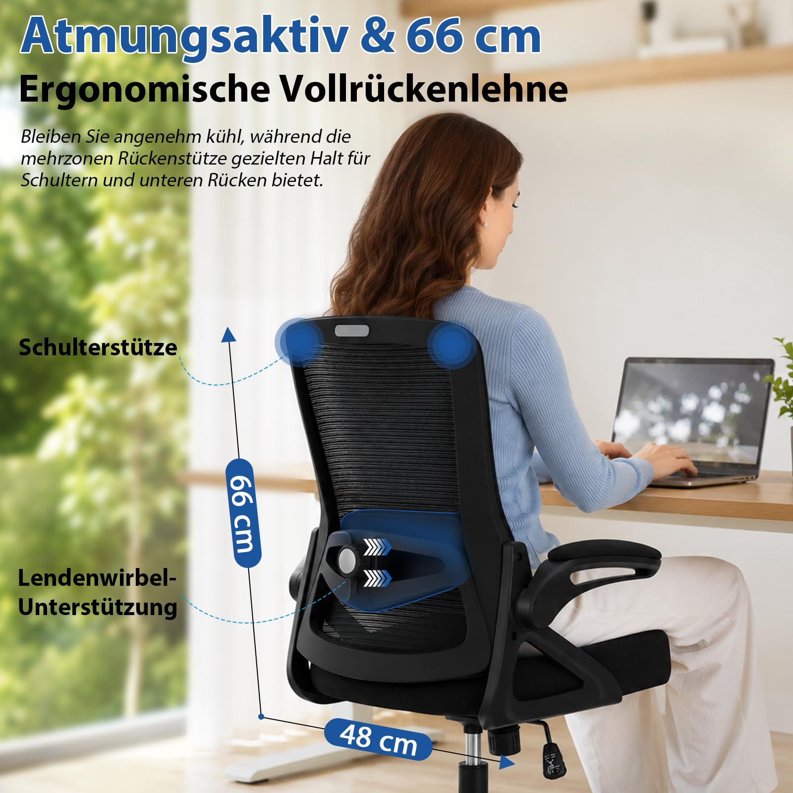 Milacyee Bürostuhl Ergonomisch, Schreibtischstuhl mit Verstellbarer 4D Lendenwirbelstütze, Drehstuhl mit klappbaren Armlehnen, Computerstuhl mit 90°-125° Wippfunktion, Netzstuhl bis 130 kg (Schwarz)