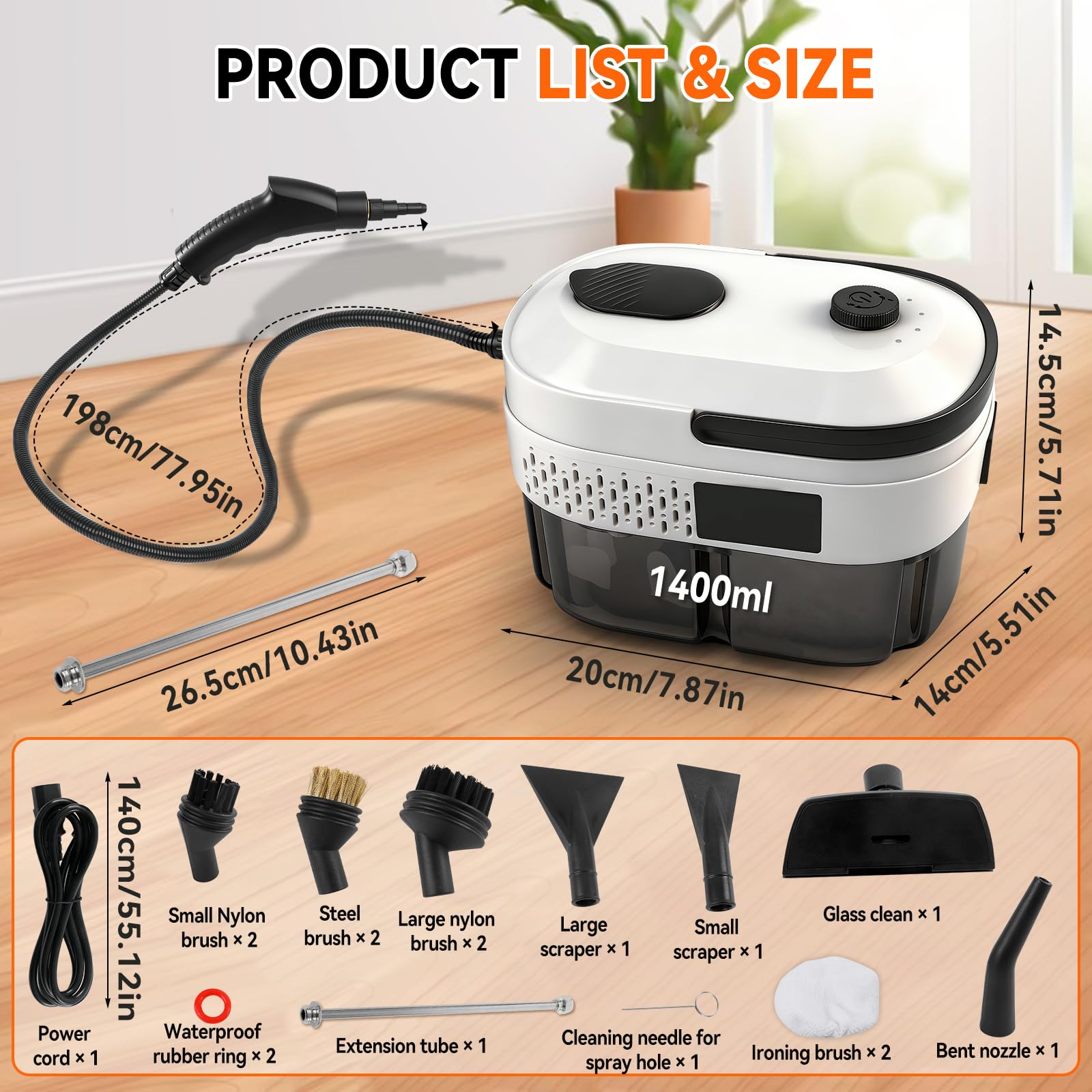 Limpiador a vapor manual 2500 W 1,4 L 12 accesorios 3 niveles de vapor
