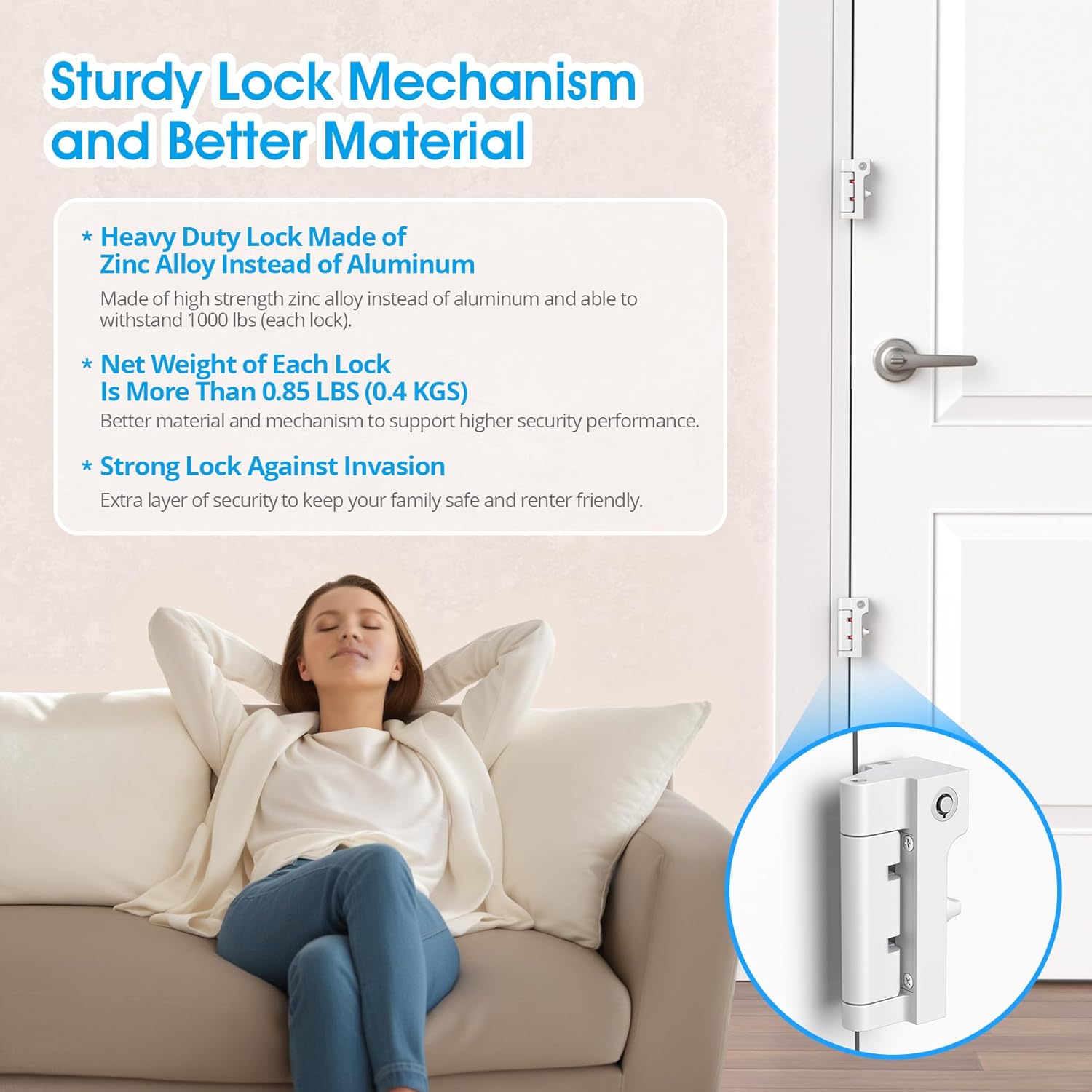 AST Home Security Door Reinforcement Lock, 1 Pack, Indoor Use, Childproof Door Lock, Toddler Proof Security Latch, Kidproof Door Stopper with Cylinder and Snib, Made of Zinc Alloy (Matte White)