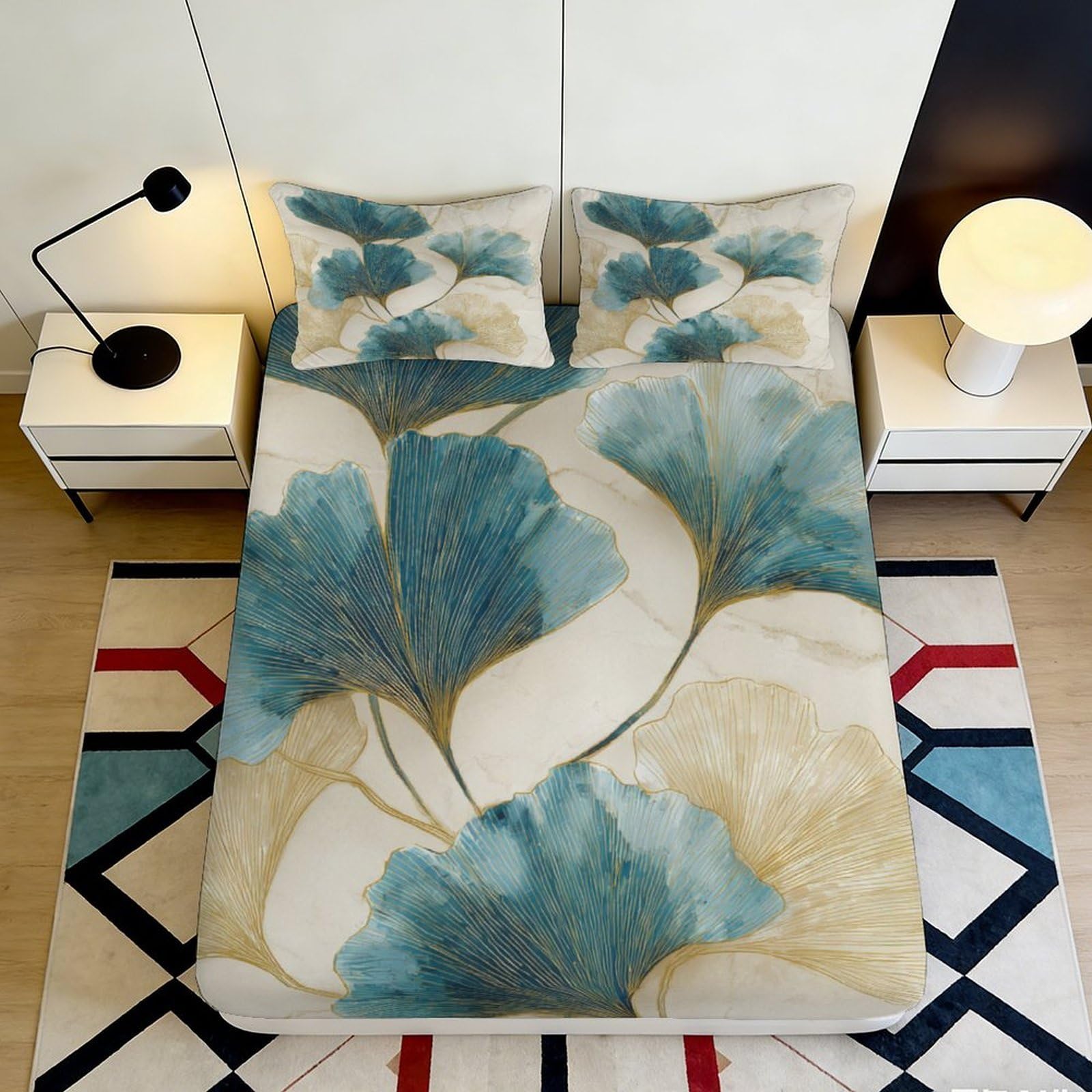 3D Printed Ginkgo Leaf Fitted Sheet Microfiber Soft Teal Beige Abstract Mattress Cover for Bedroom Dorm Mat Protection Decor 90x200x25cm