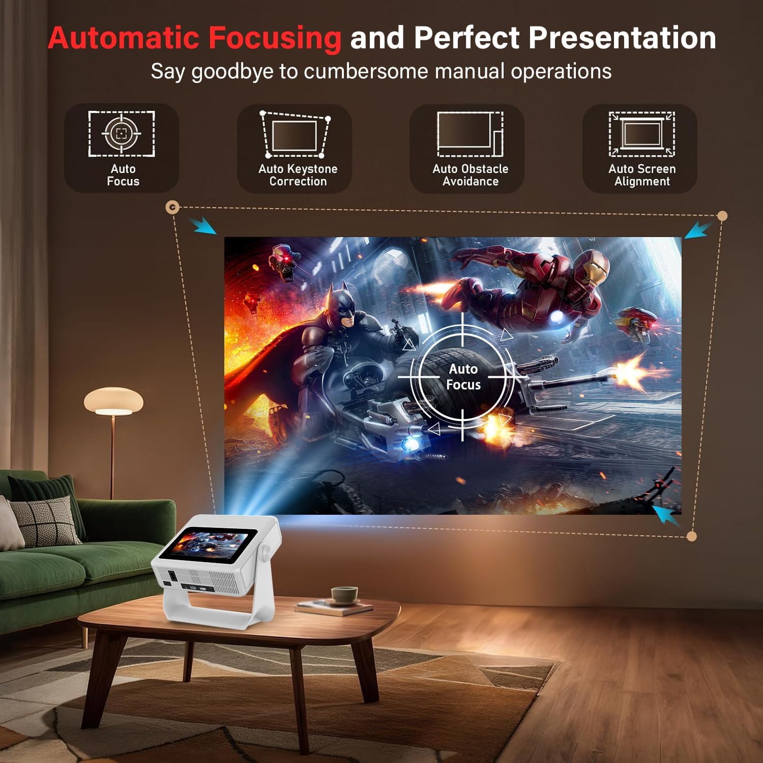 Smart Projector with WiFi and Bluetooth, 4K Supported Native 1080P Portable Outdoor Projector, Dual-Screen Sync Built-in Touchscreen Home Theater Gaming Projector for Bedroom Backyard Movie Night
