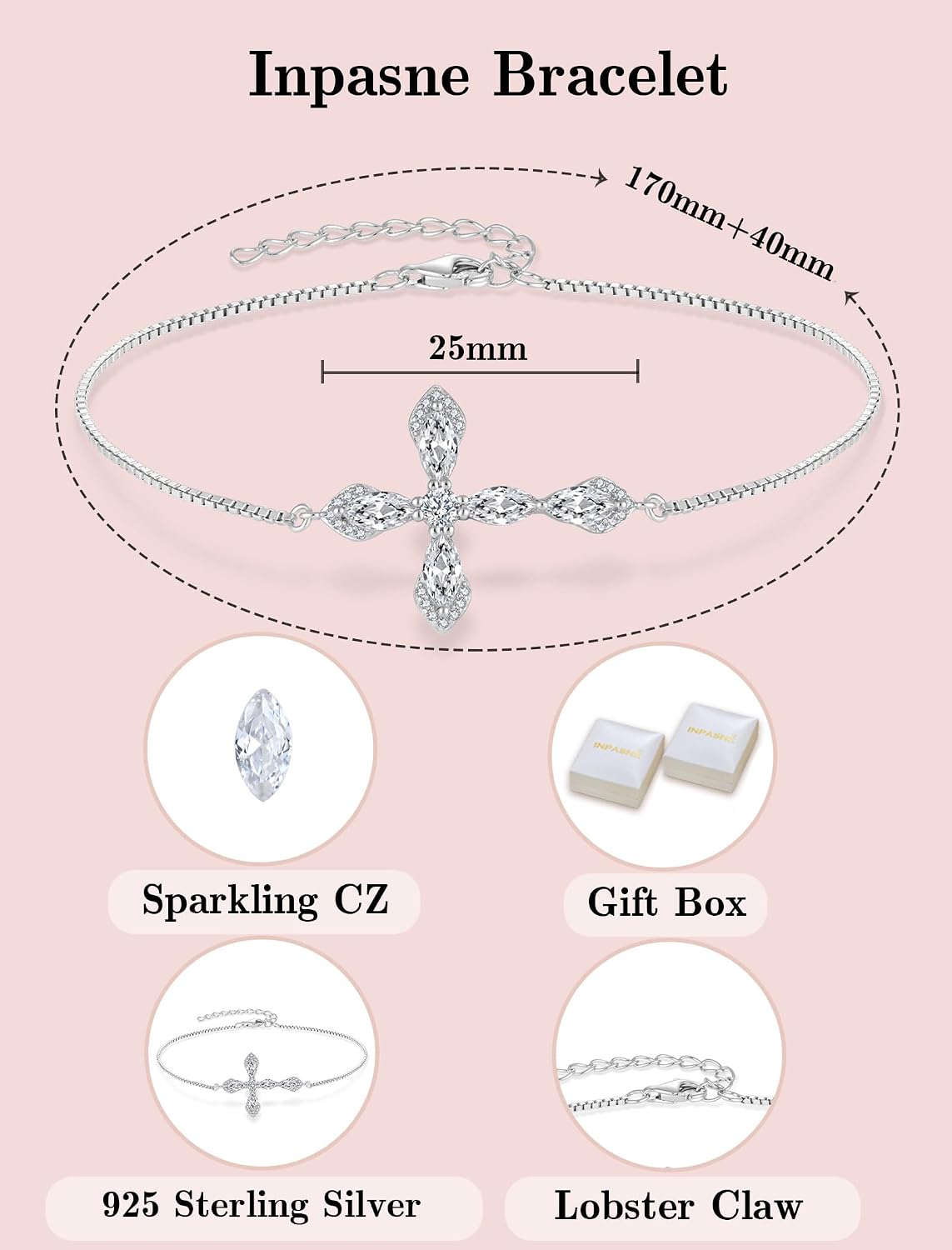 Cross Bracelet for Women 925 Sterling Silver Halo Gemstone Religious Christian Bracelet Birthstone Jewelry for Her