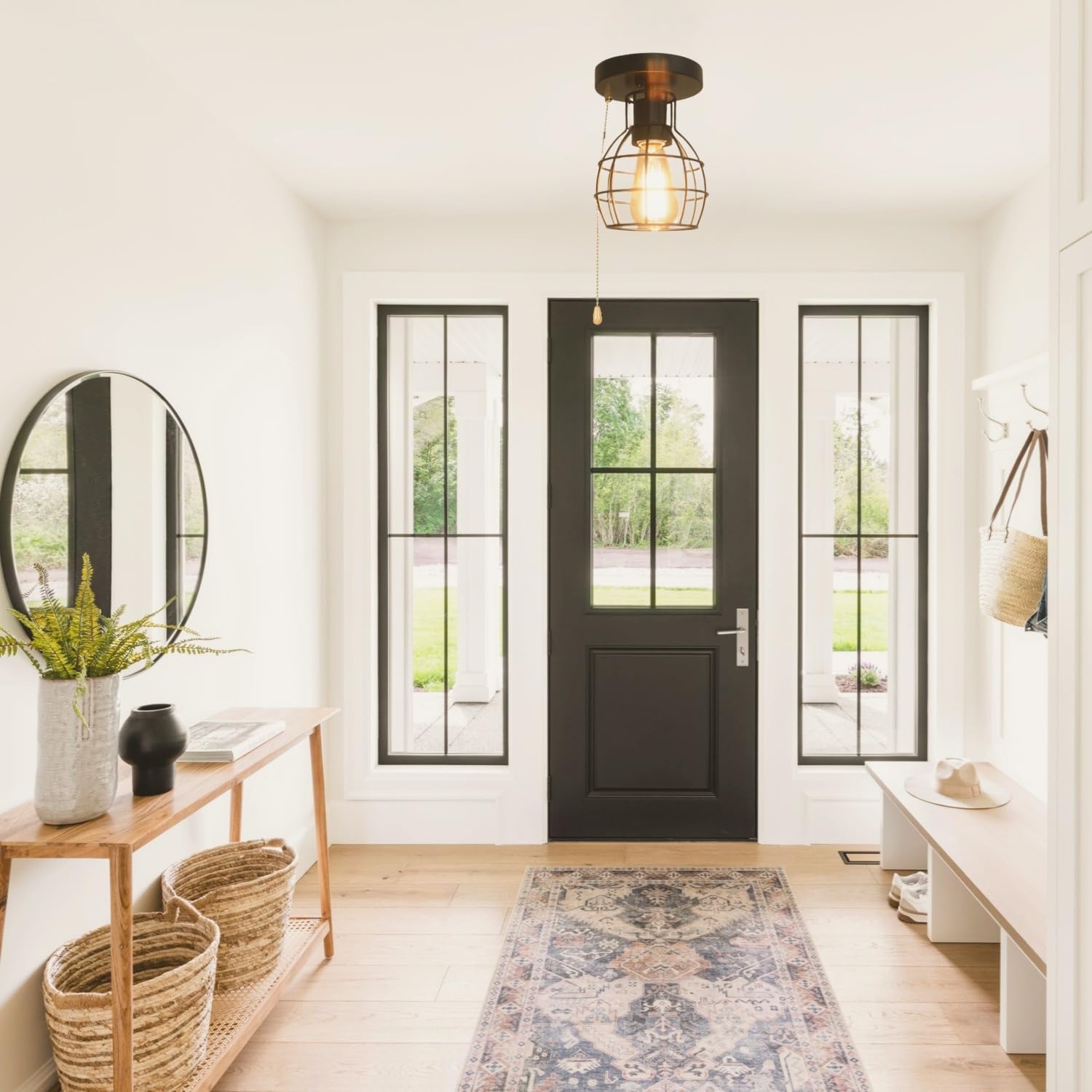 Beuhouz Pull String Semi Flush Mount Ceiling Light, Round Modern Industrial Close to Ceiling Light Fixture with Pull Chain Black Metal Cage Foyer Kitchen Ceiling Light 1-Light Edison E26 8087