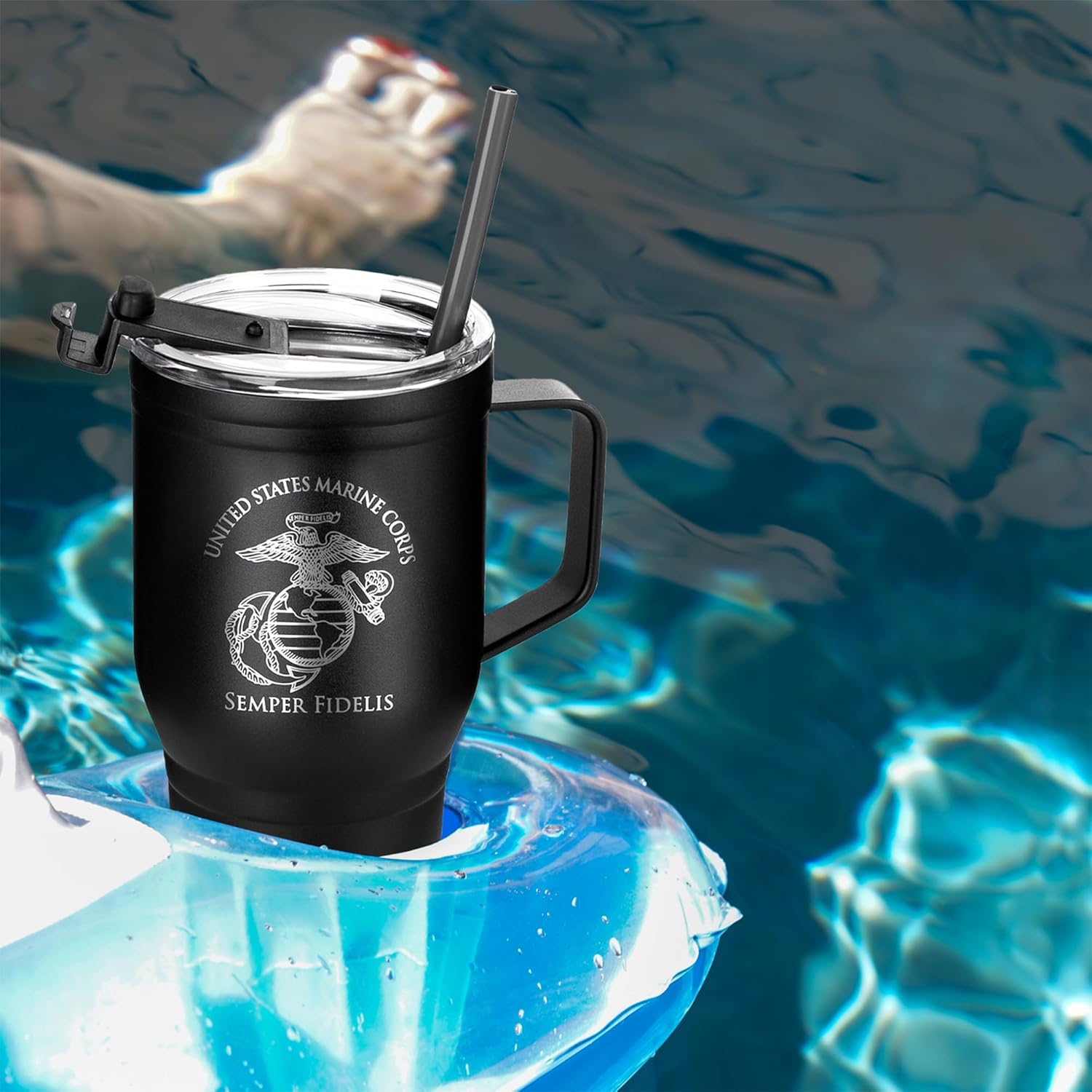 30 oz USMC Coffee Tumbler with Handle- Double Wall Vacuum Insulated Stainless Steel Marine Corps Tumbler Travel Mug – USMC 30oz Tumbler w/Handle - Image 4