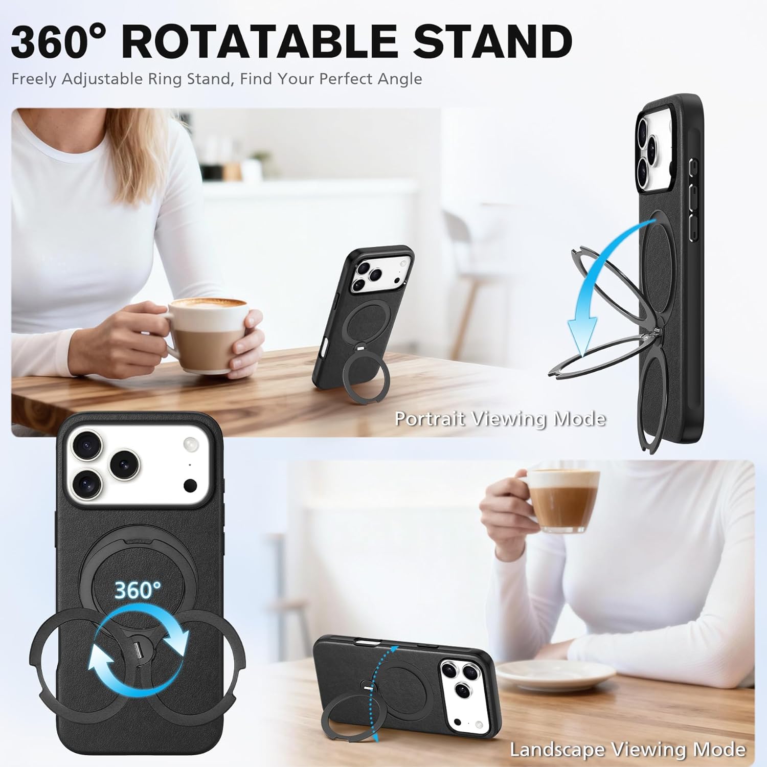 TUCCH Detachable Wallet Case for iPhone 17 Pro Max, Wireless Charging Adjustable 360° Rotation Ring Stand, RFID Blocking 3 Card Slots, 2-in-1 Magnetic Slim PU Leather Protective Cover 6.9" 2025, Black