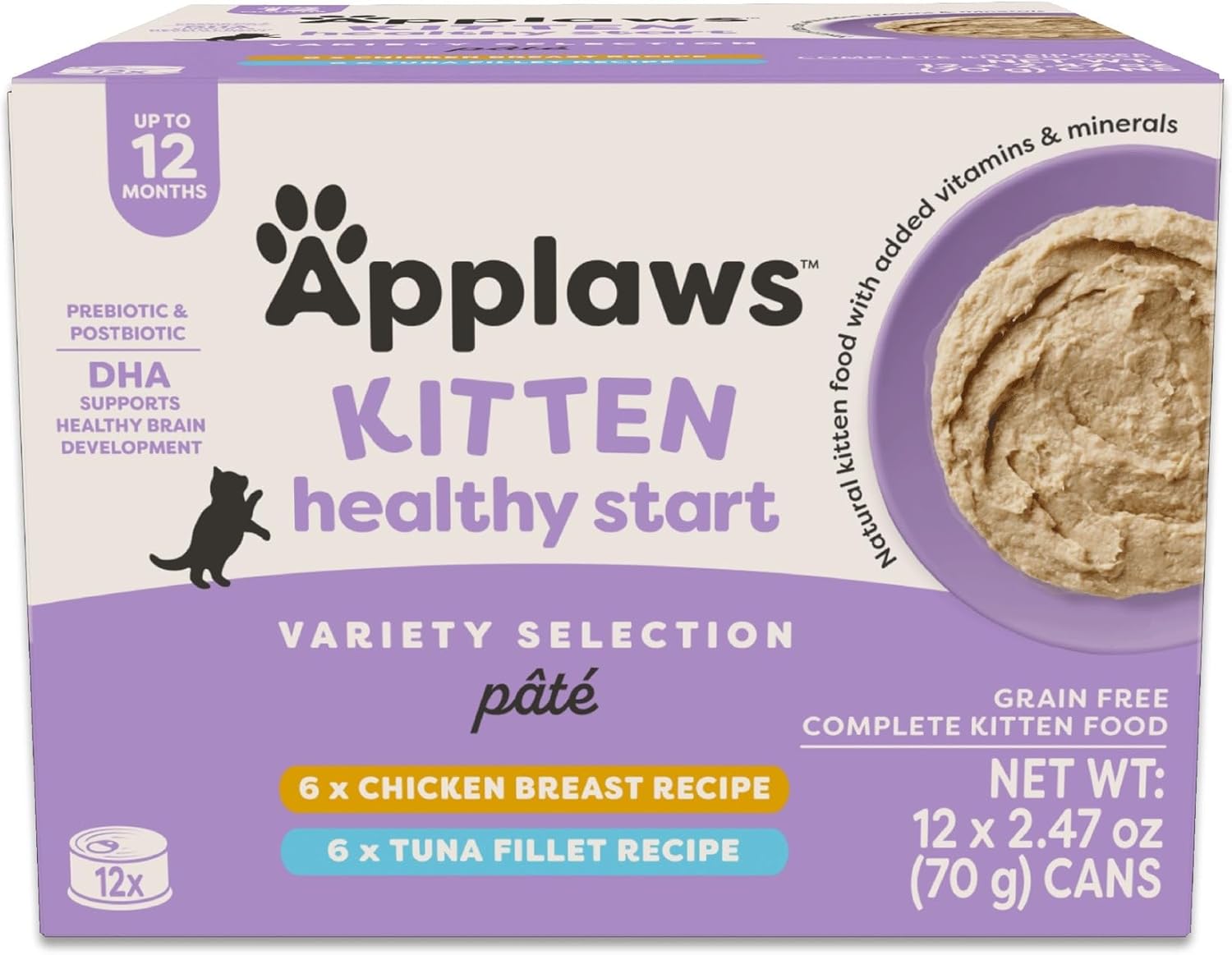 Applaws Kitten Healthy Start Natural Wet Cat Food, Real Protein Wet Food for Cats with No Artificial Additives, Variety Selection in Pate (12 x 2.47oz Cans)