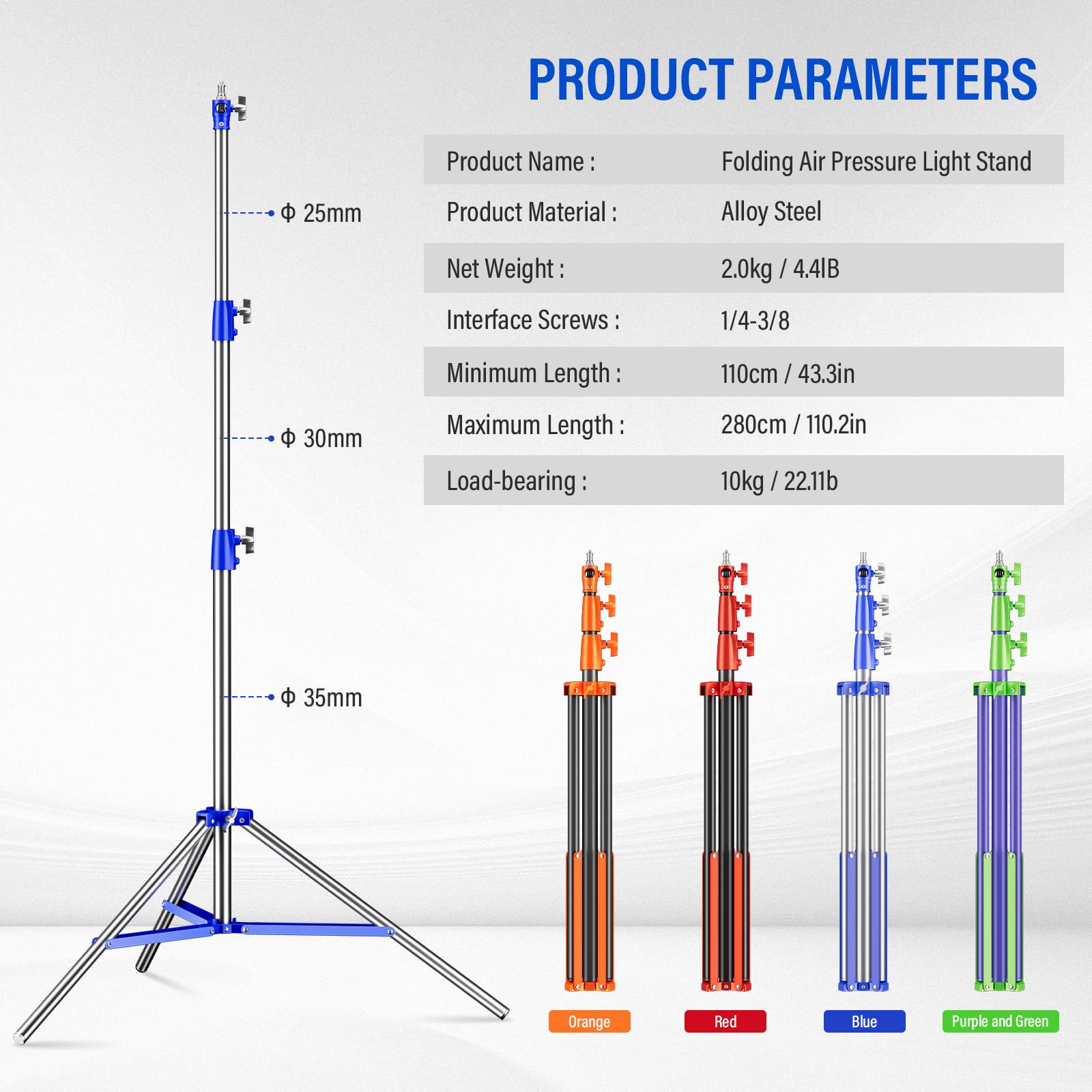 Soonpho Light Stand Supporto Leggero Treppiede 9,1 piedi/280cm Interamente in Metallo Ammortizzatore Capacità di Carico di 10kg per Fotografia Studio All'aperto e Live Streaming (Blu)