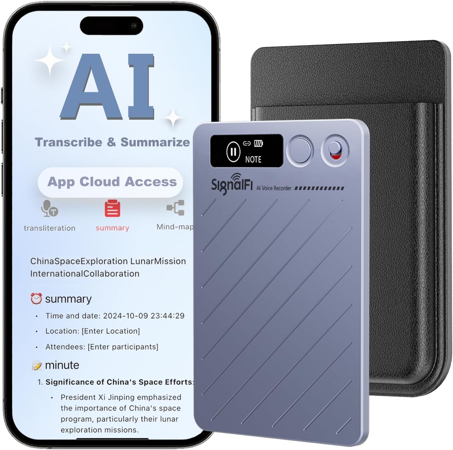 AI Voice Recorder w/Case, AI Note Taker & App Control, AI Transcription and Summary, Noise Cancellation, 152 Languages, 64GB Digital Audio Recorder for Meetings, Lectures & Calls