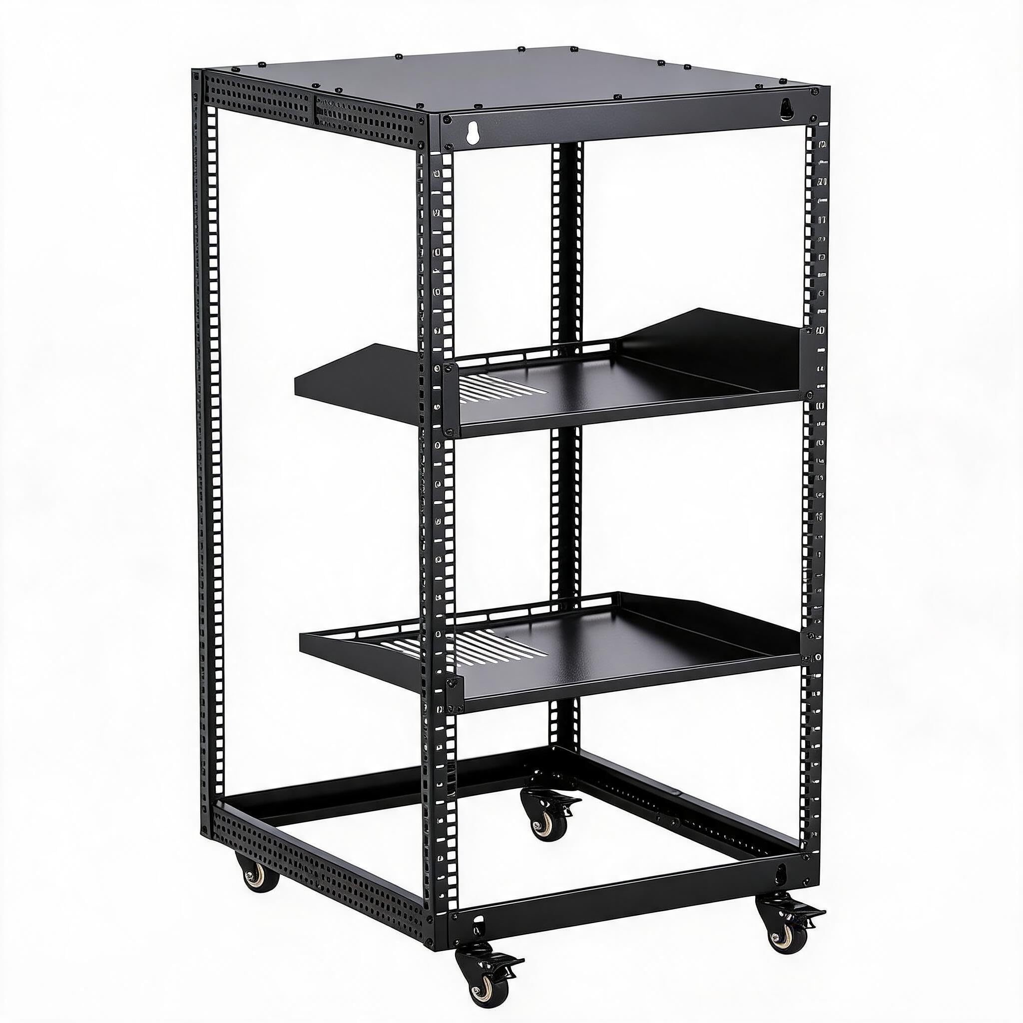 GarveeHome Rack Server e Rete Open Frame in acciaio - Profondità regolabile 56-102cm - 10U - 2 ripiani ventilati, 4 ruote bloccabili - Montaggio a muro o pavimento - Per IT, AV, networking - Include 2