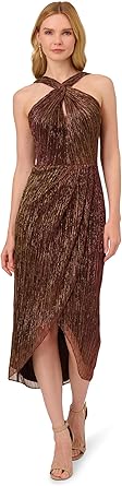 Adrianna Papell Womens Halter Crinkle Metallic Dress