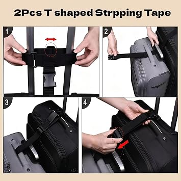 2Pcs Luggage Straps for Suitcases, Straps with Buckles, Adjustable T-Type and Normal Luggage Connector Straps for Suitcases - Connect 3 Luggages,(Black)