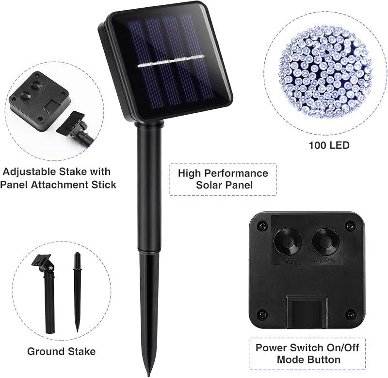 Vacoulery Napelemes Tündérfény 12m - 100 LED Vízálló Kerti Fényfüzér 8 Üzemmóddal - Kültéri Dekoráció Kerthez, Erkélyhez, Esküvőhöz, Partikh