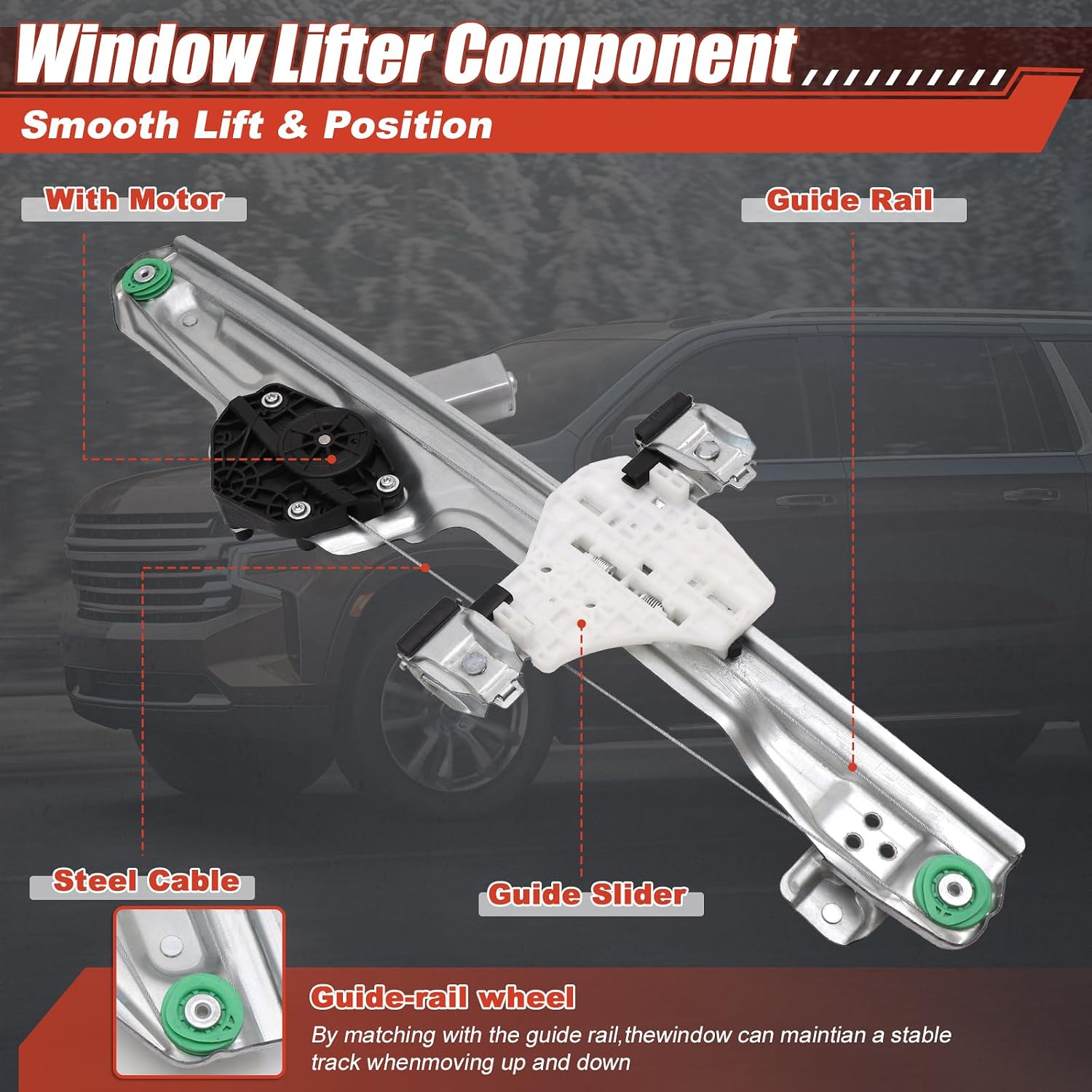 751-062 Rear Left Driver Side Window Regulator with Motor (2 Pins) for Cadillac Escalade/Chevy Silverado Suburban Tahoe/for GMC Sierra Yukon, 2 Pins, Replace# 84043806 22921496 2327466