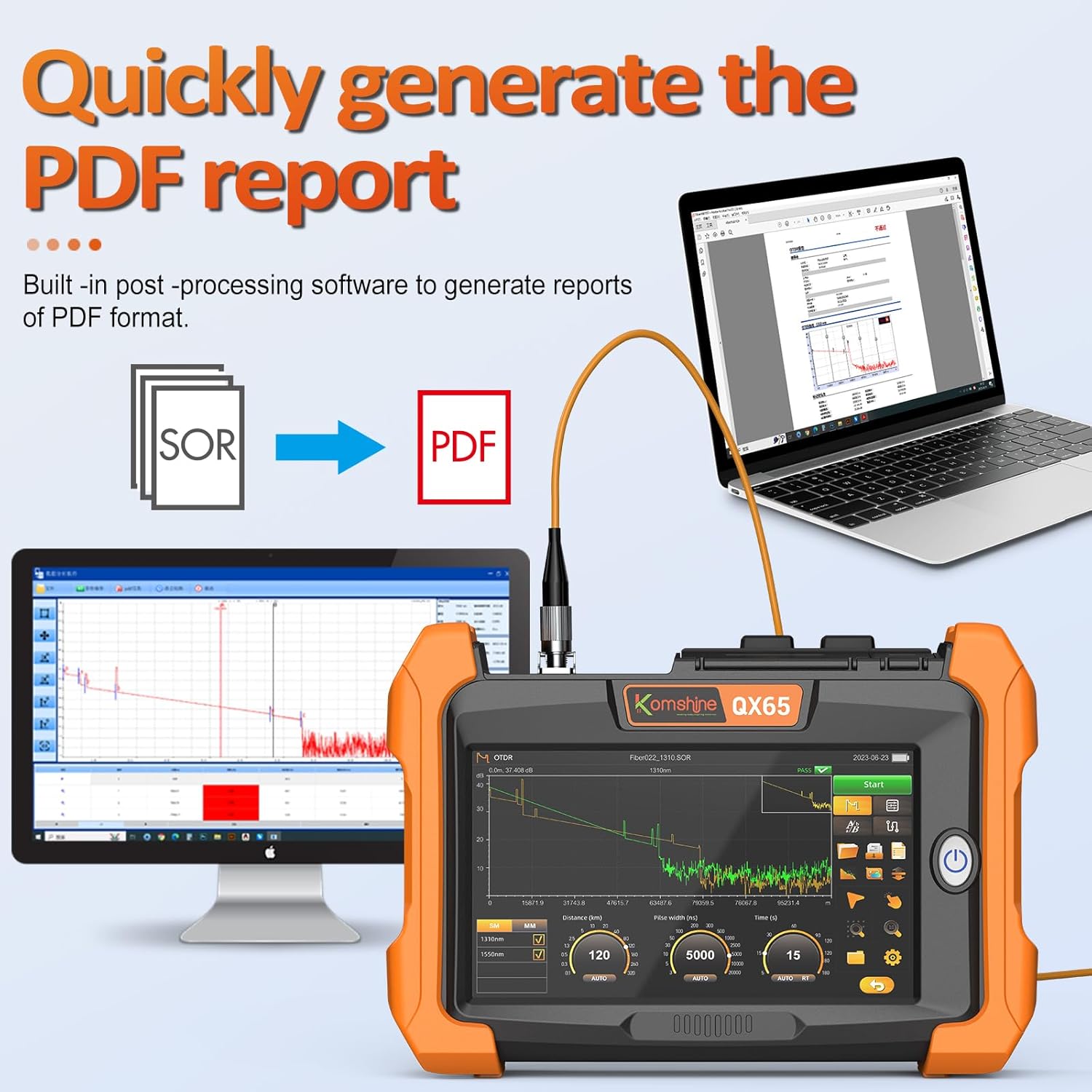 1310 1550nm 40/38dB KOMSHINE QX65 Single Mode Euipped with iOLA One Click Intelligent Testing Function + OPM OLS VFL + Event Map+ RJ45+WiFi MAX 1: 64 Fiber Splitter Trunk Line CAT5 CAT6