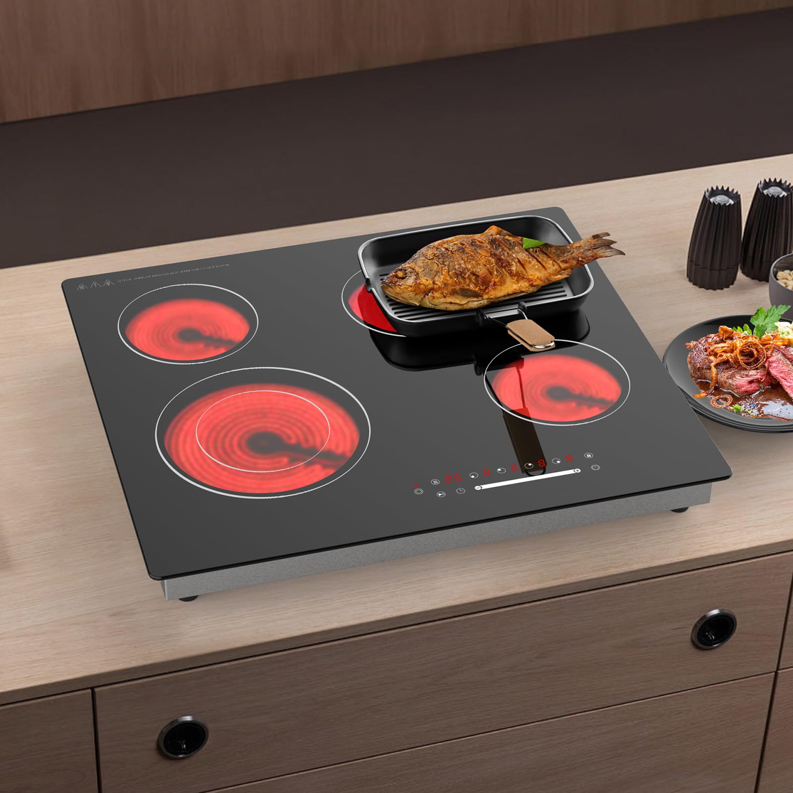 Piano Cottura in Vetroceramica 4 Zone 60 cm, 6700W, Controllo Slider Touch, Doppia Zona e Zona Pesce