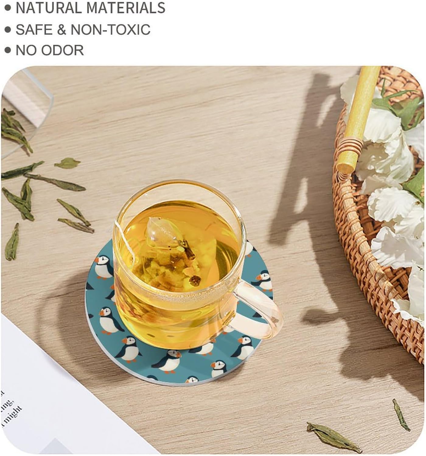 Cute Puffins1 Round Ceramic Coasters for Drinks Absorbent Cup Holder Tabletop Protector with Cork Base