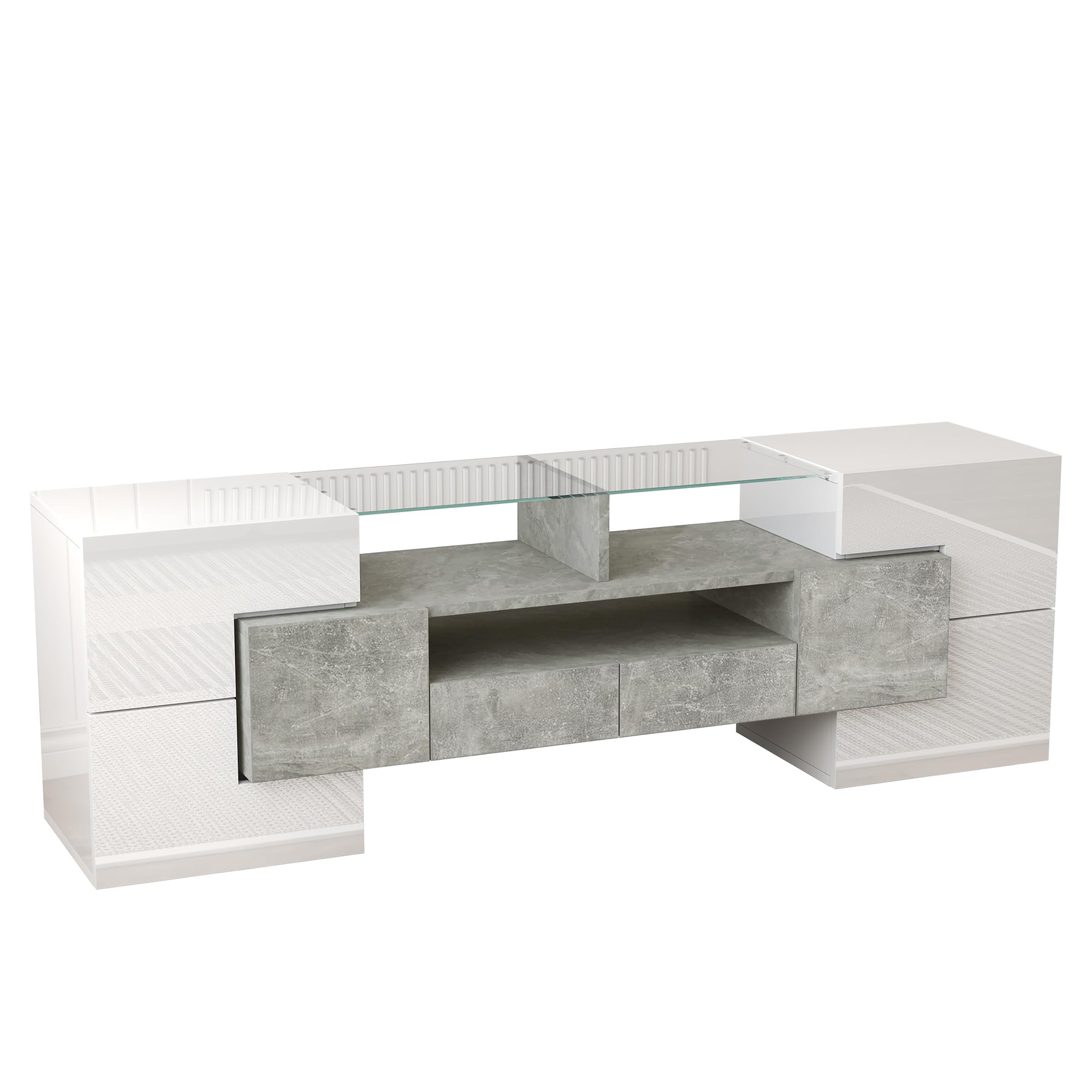 Elegante mobile TV da 145 cm, colore bianco lucido, banco TV con illuminazione LED e piano in vetro per soggiorno, design moderno (bianco e grigio, 145 cm)